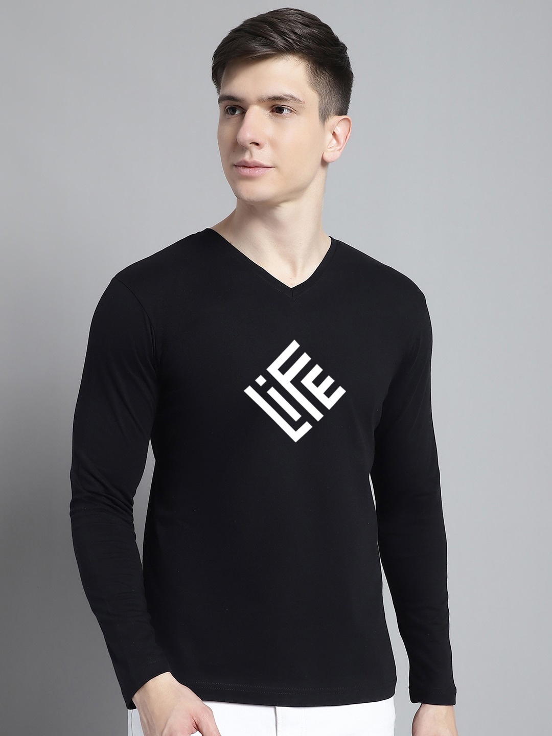 

FBAR Typography Printed V-Neck Full Sleeve Cotton Slim Fit T-shirt, Black