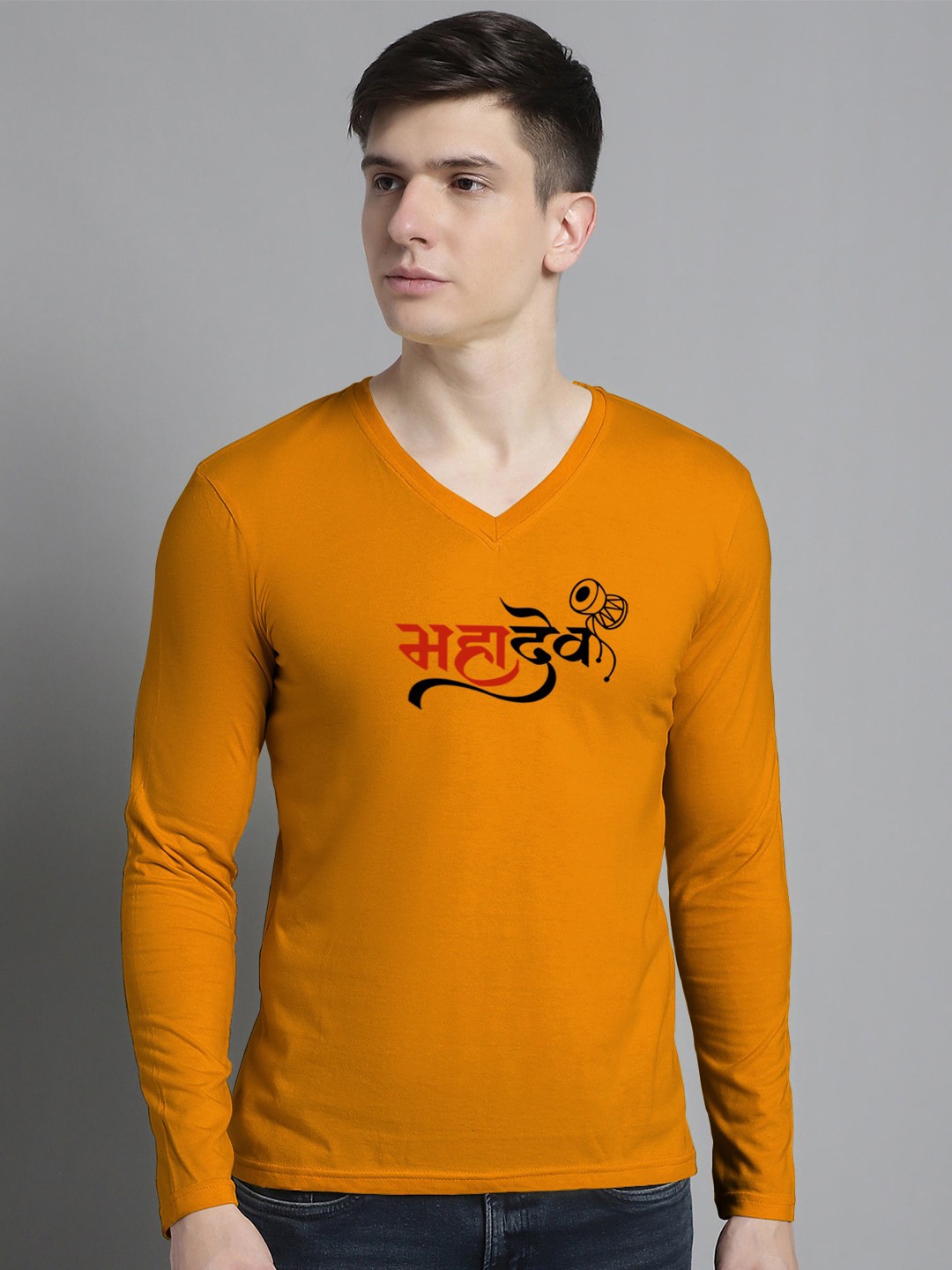 

FBAR Typography Printed V-Neck Cotton Slim Fit T-shirt, Mustard