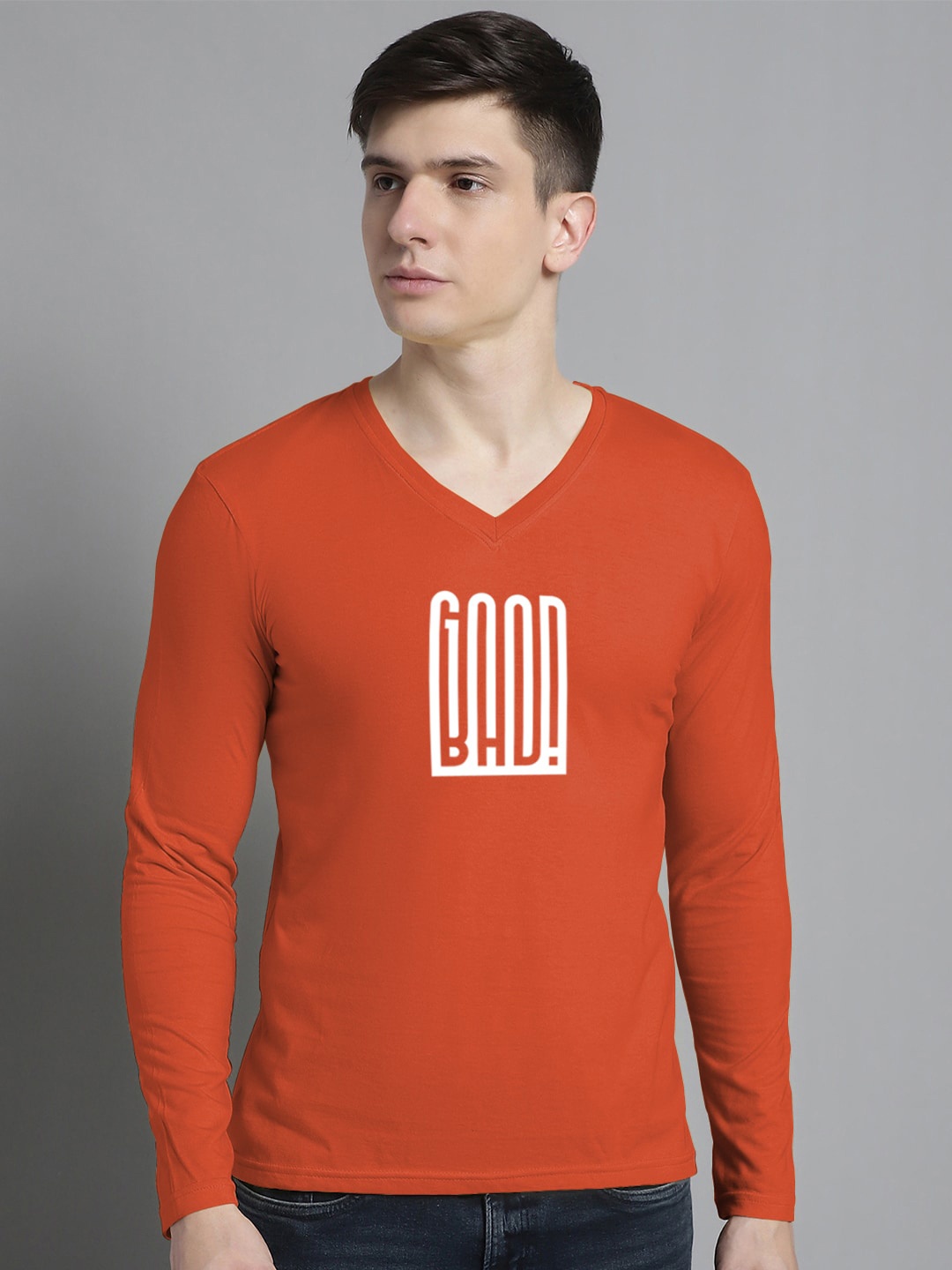 

FBAR Typography Printed V-Neck Cotton Slim Fit T-shirt, Orange