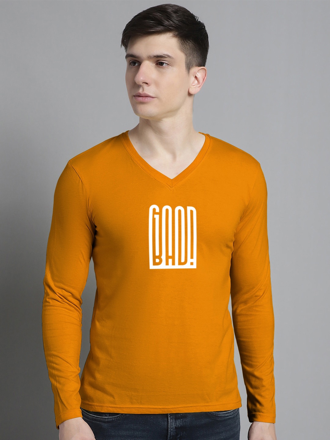 

FBAR Typography Printed V-Neck Cotton Slim Fit T-shirt, Mustard