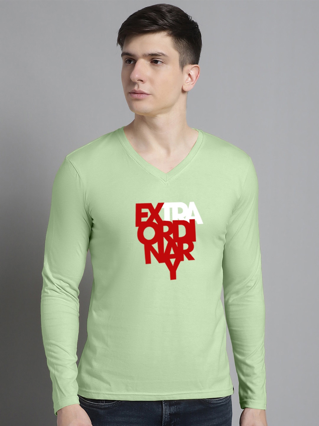 

FBAR Typography Printed V-Neck Cotton Regular T-shirt, Sea green