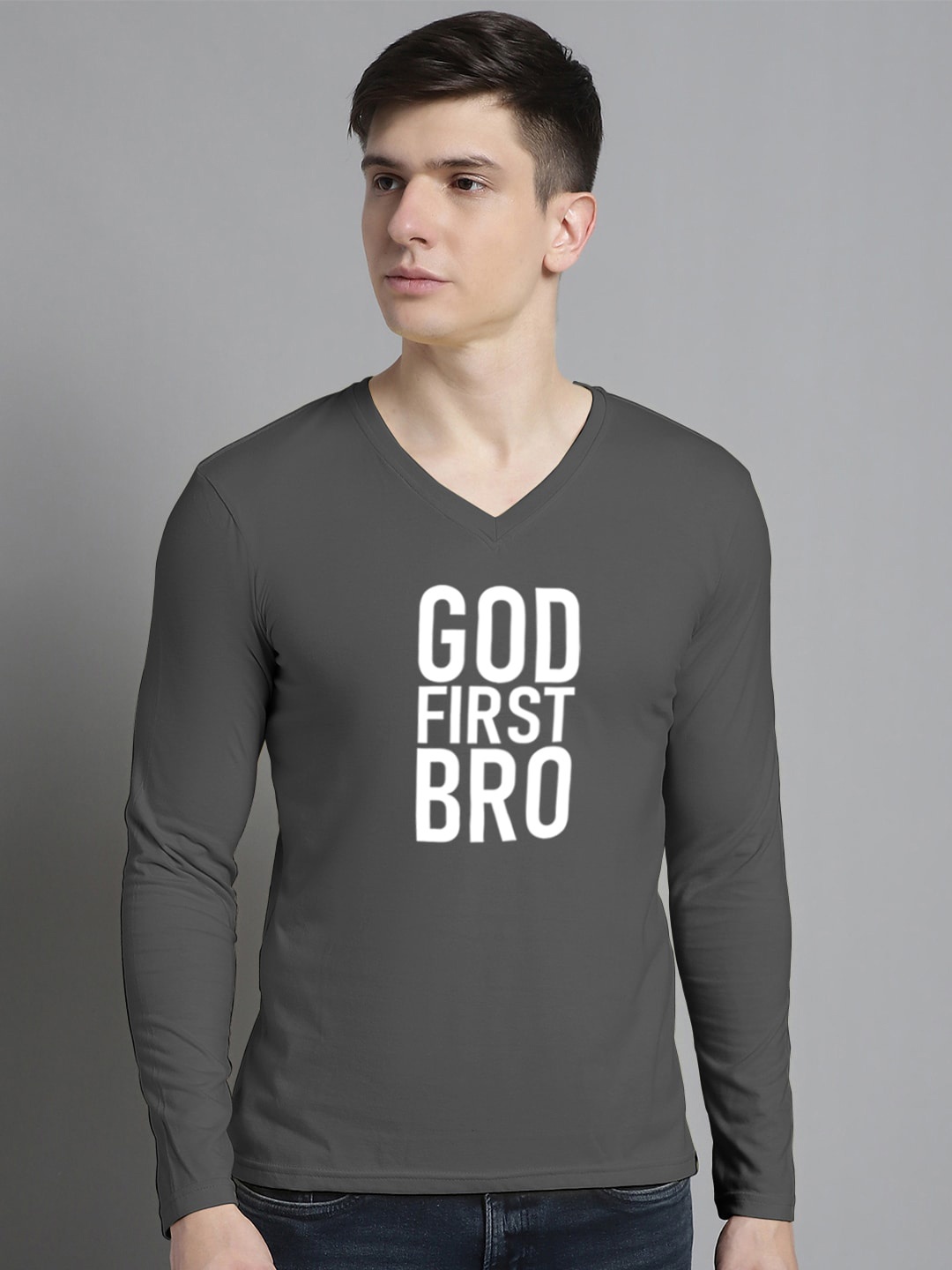 FBAR Typography Printed V-Neck Full Sleeve Cotton Slim Fit T-shirt, Grey