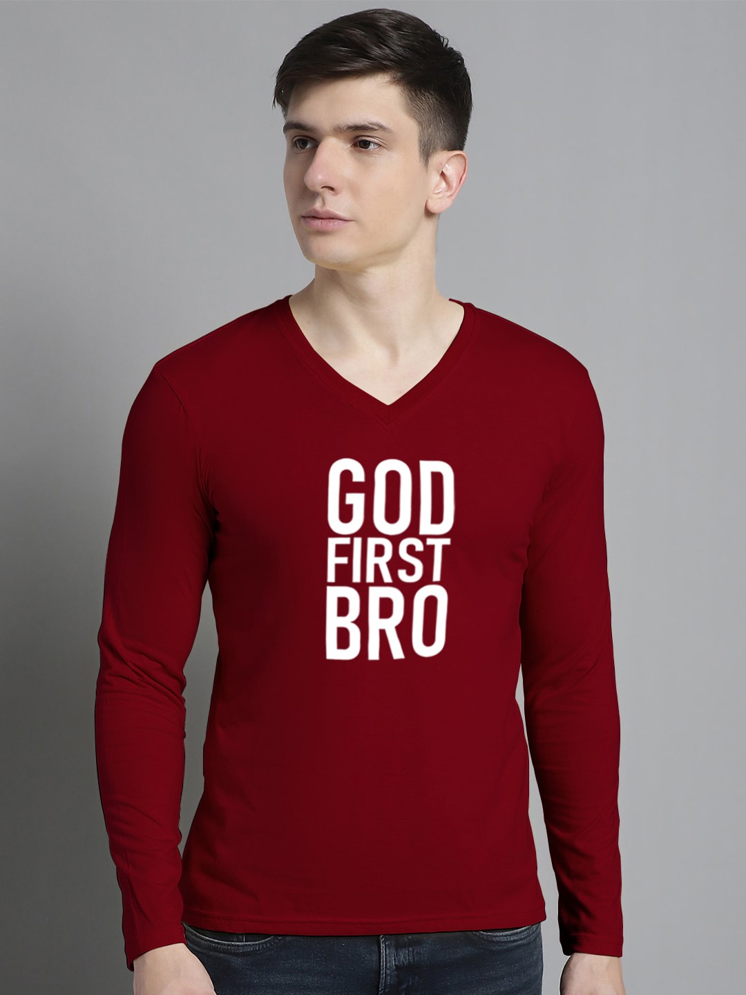 

FBAR Typography Printed V-Neck Cotton Slim Fit T-shirt, Maroon