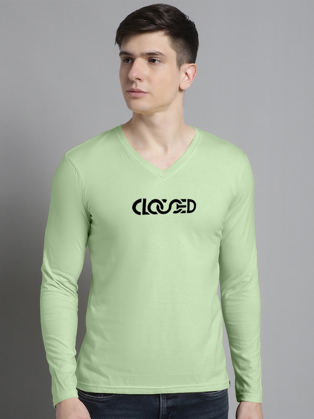 

FBAR Typography Printed V-Neck Full Sleeve Cotton Slim Fit T-shirt, Sea green
