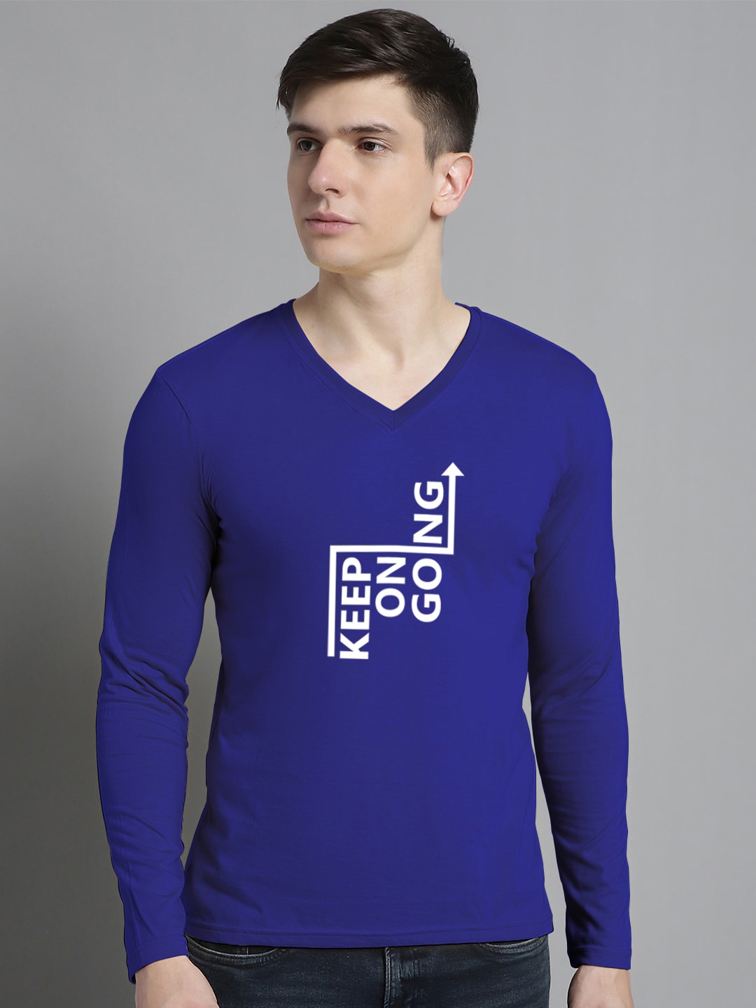 

FBAR Typography Printed V-Neck Cotton Slim Fit T-shirt, Blue