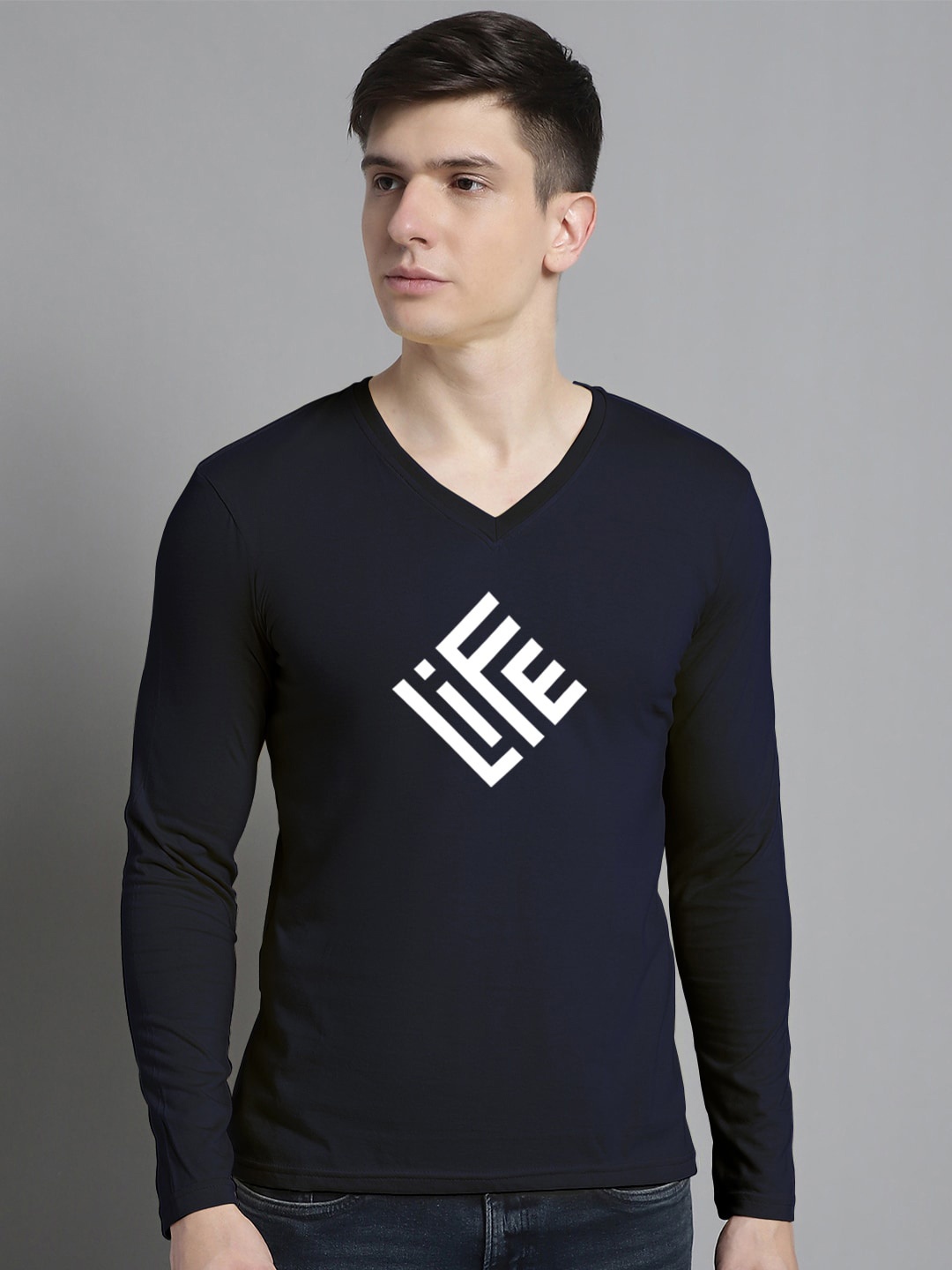 

FBAR Typography Printed V-Neck Cotton Slim Fit T-shirt, Navy blue