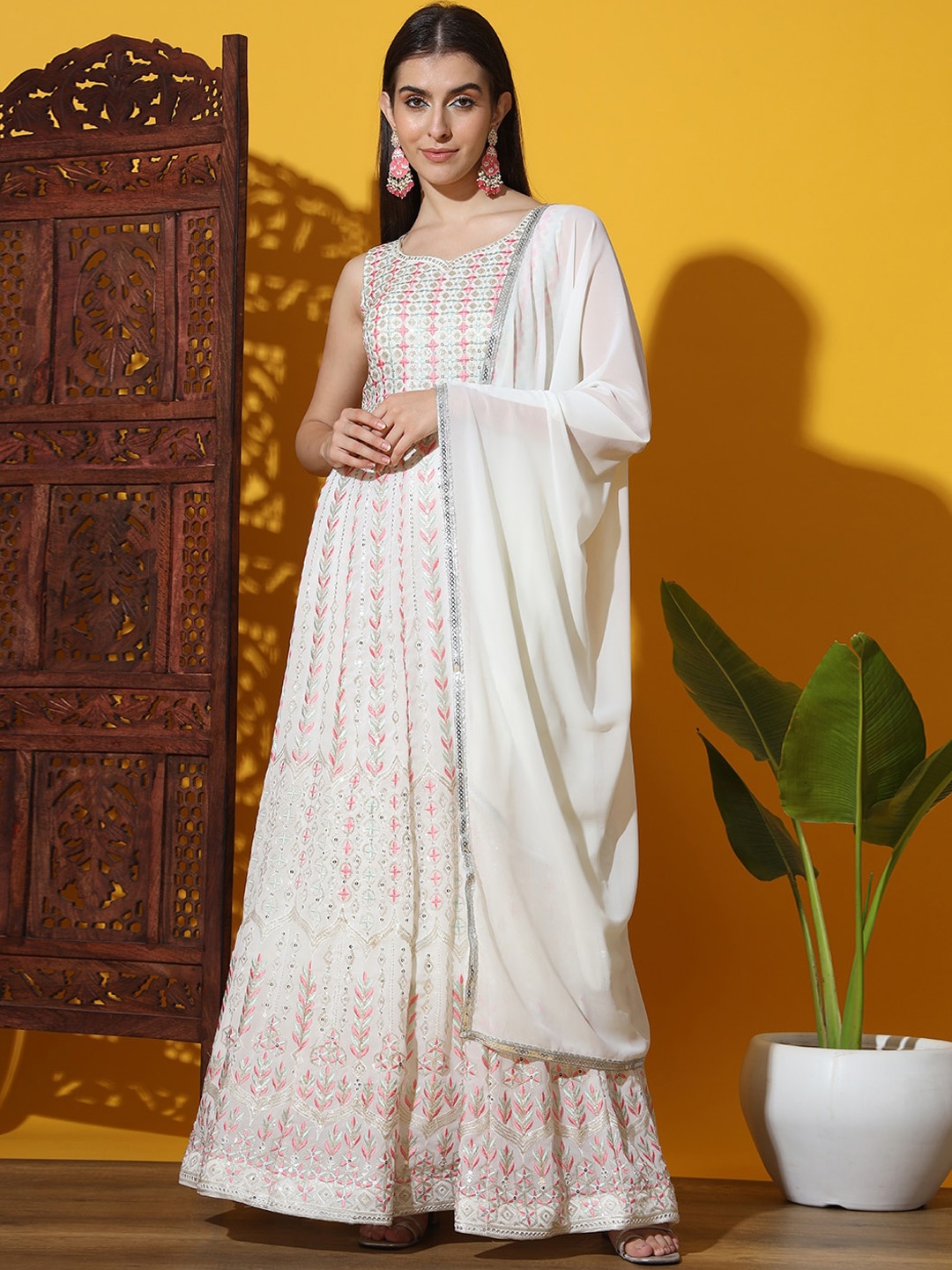 

Chhabra 555 Embroidered Georgette Maxi Ethnic Dresses With Dupatta, White