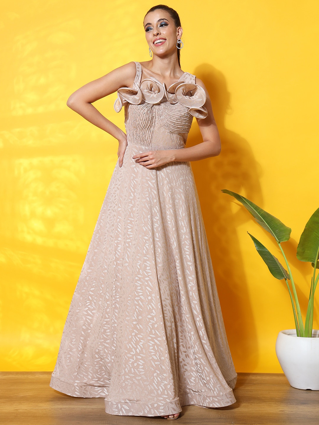 

Chhabra 555 Embellished Flared Ruffled Maxi Gown, Peach