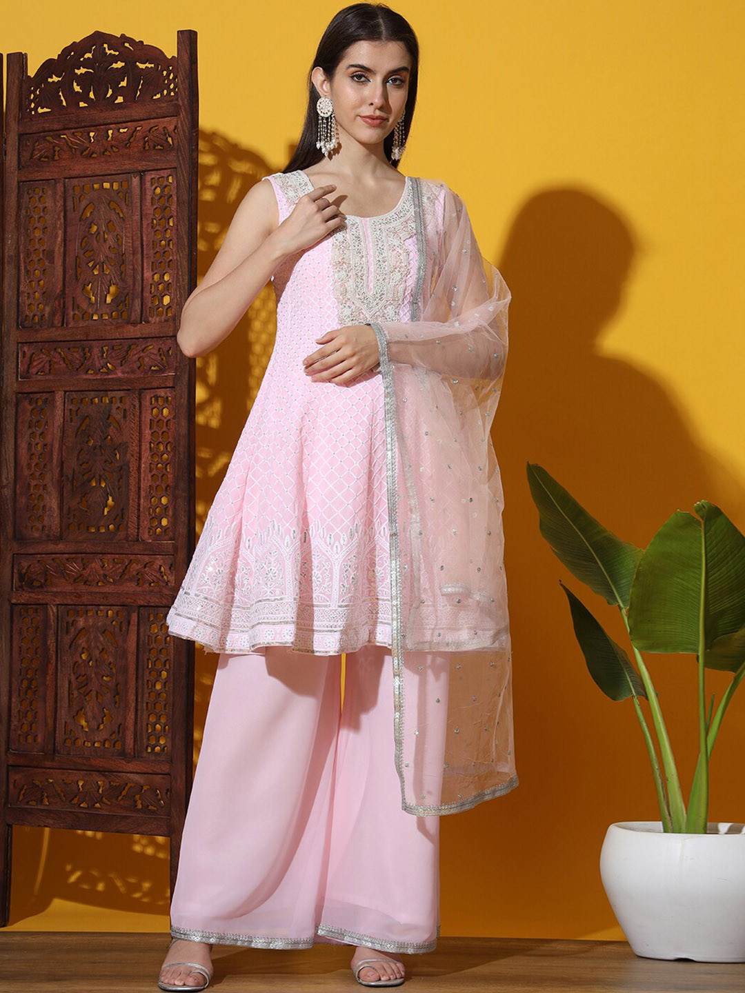 

Chhabra 555 Embroidered Regular Sequinned Kurta With Palazzos & Dupatta, Pink