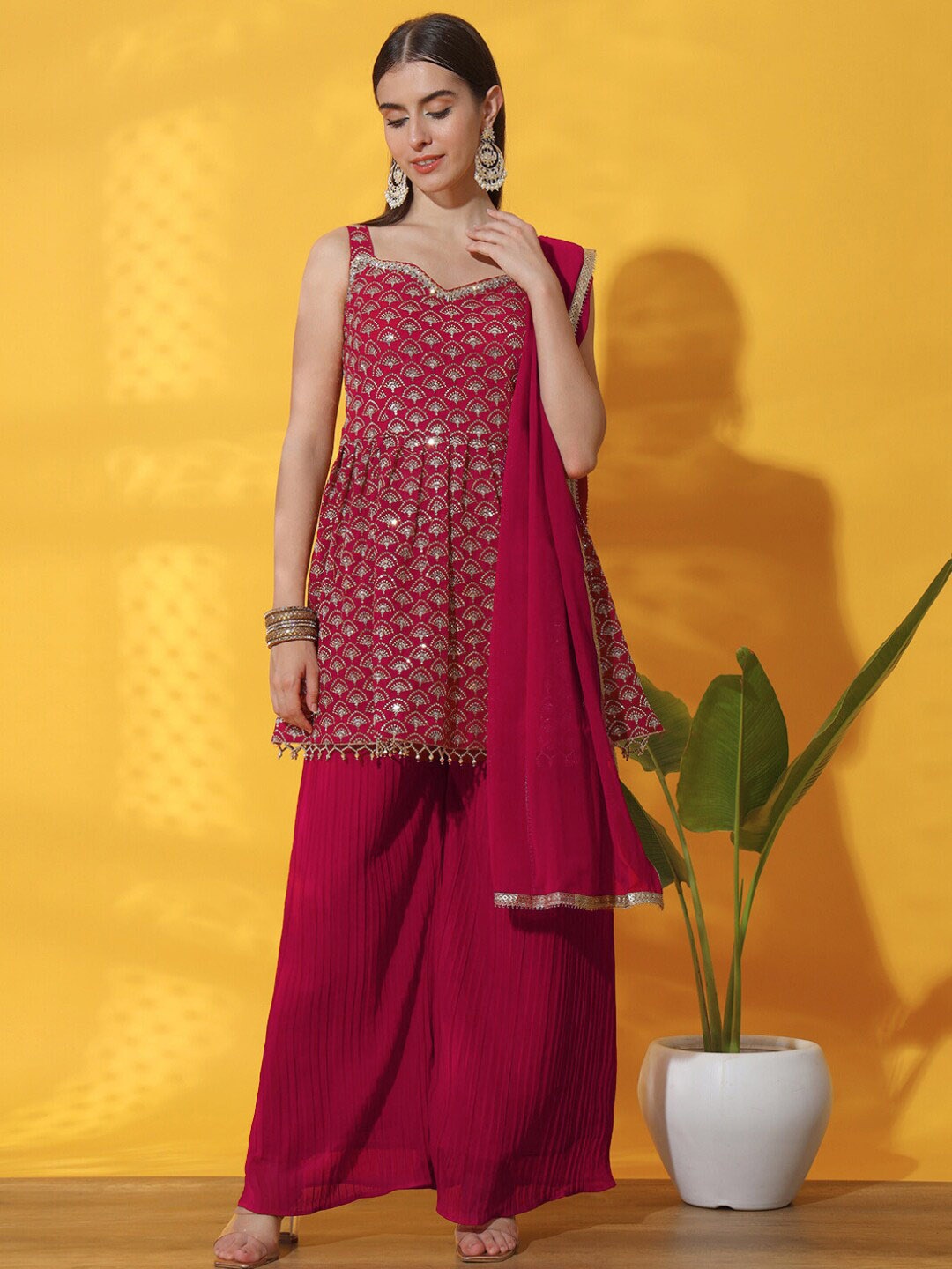 

Chhabra 555 Embroidered Regular Sequinned A-Line Kurti With Palazzo & Dupatta, Magenta