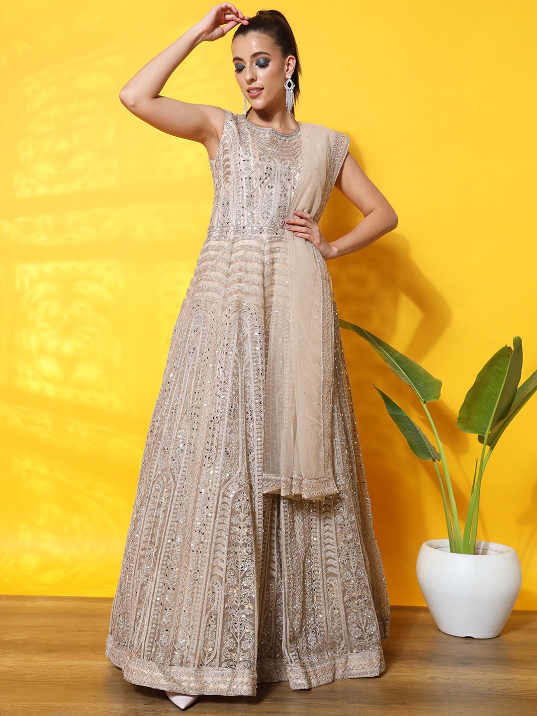 

Chhabra 555 Embroidered & Mirror embellished Maxi Ethnic Dress With Dupatta, Beige