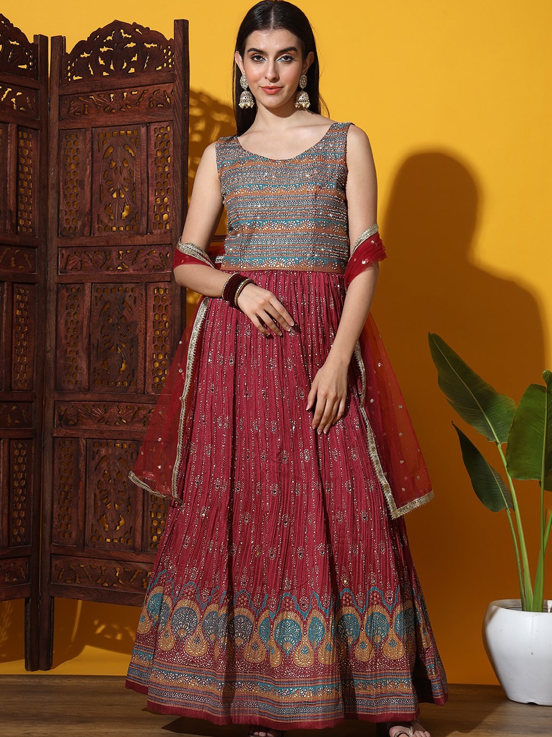 

Chhabra 555 Embellished Flared Maxi Ethnic Dress With Dupatta, Maroon