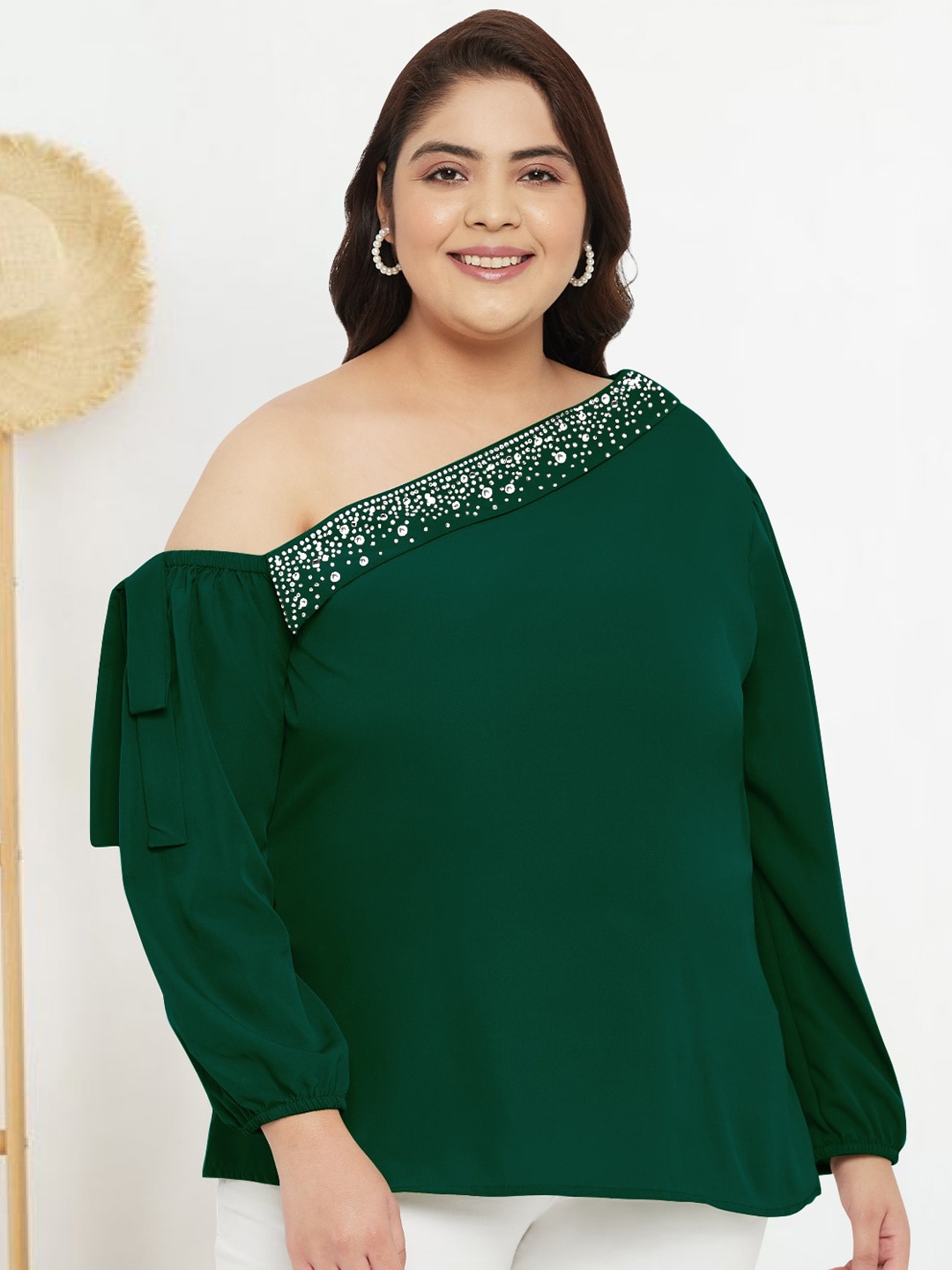 

wild U Plus Size Embellished One Shoulder Puff Sleeve Top, Green