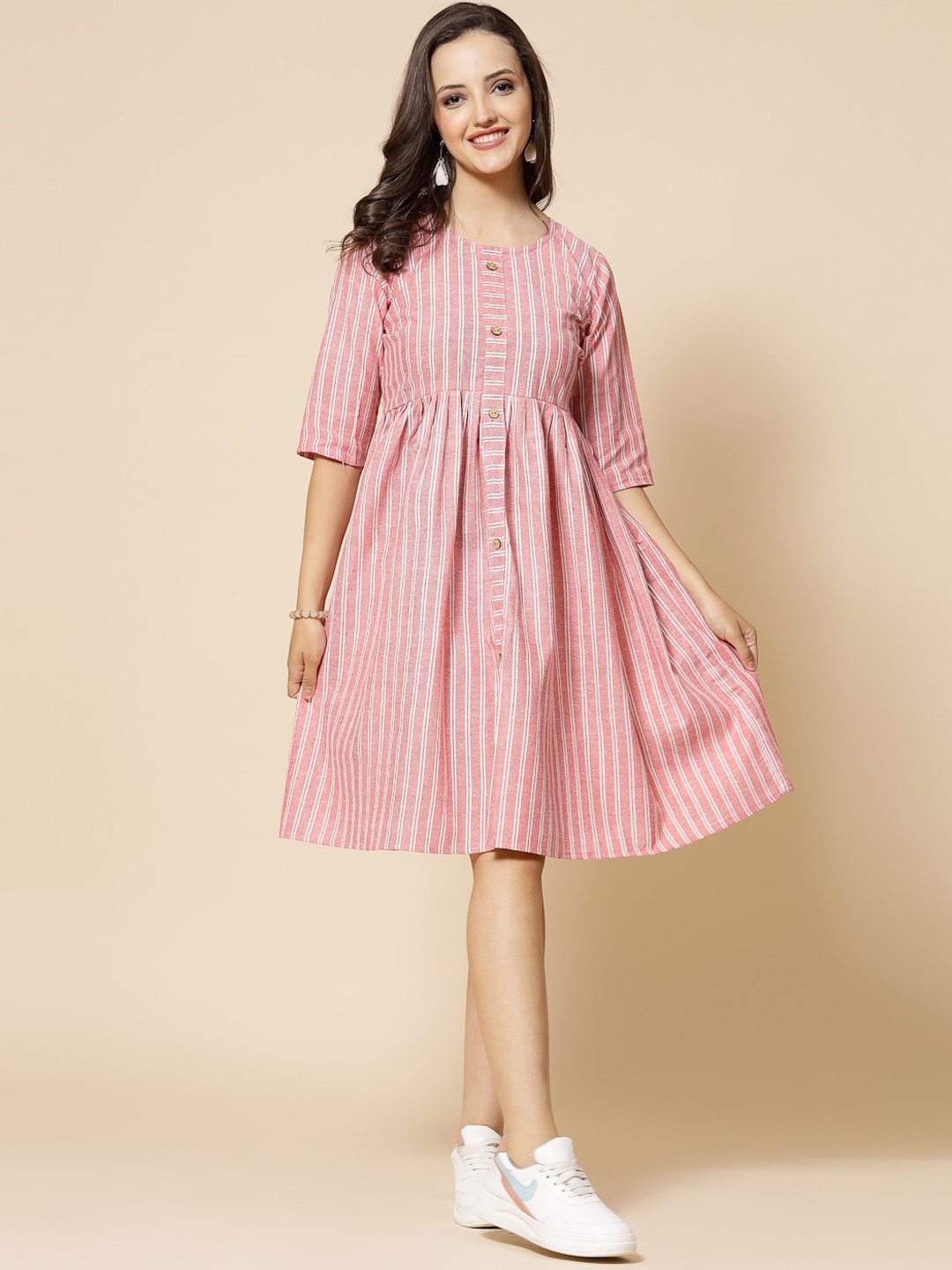 

KALINI Striped Round Neck Fit & Flare Midi Dress, Pink