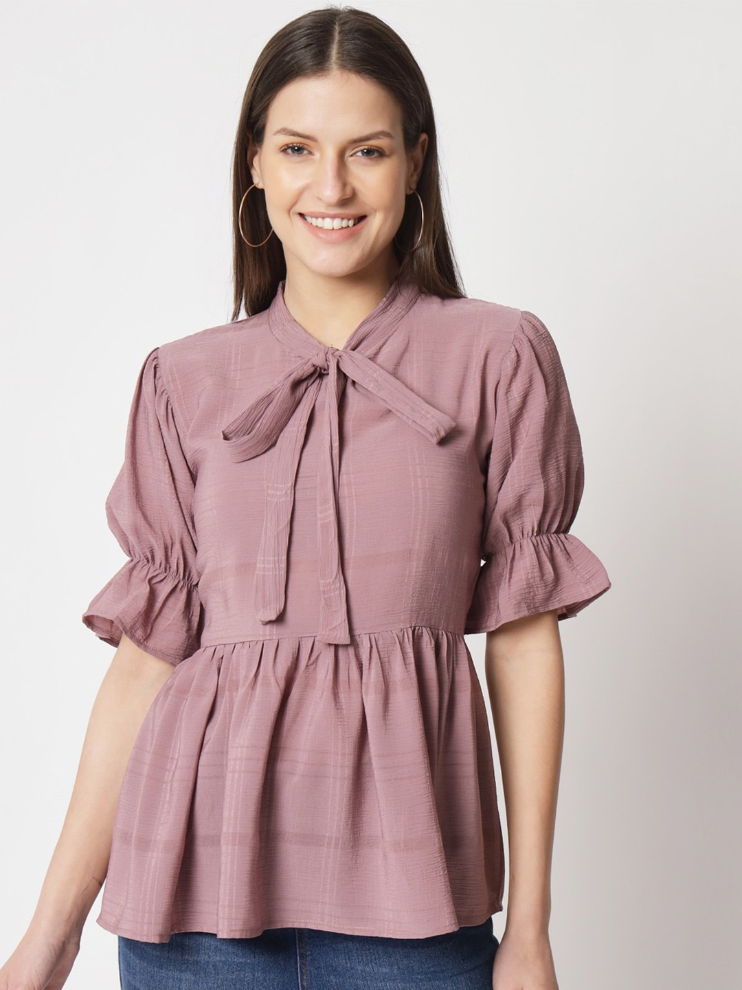 

FERY LONDON Purple Tie-Up Neck Bell Sleeve Cotton Cinched Waist Top