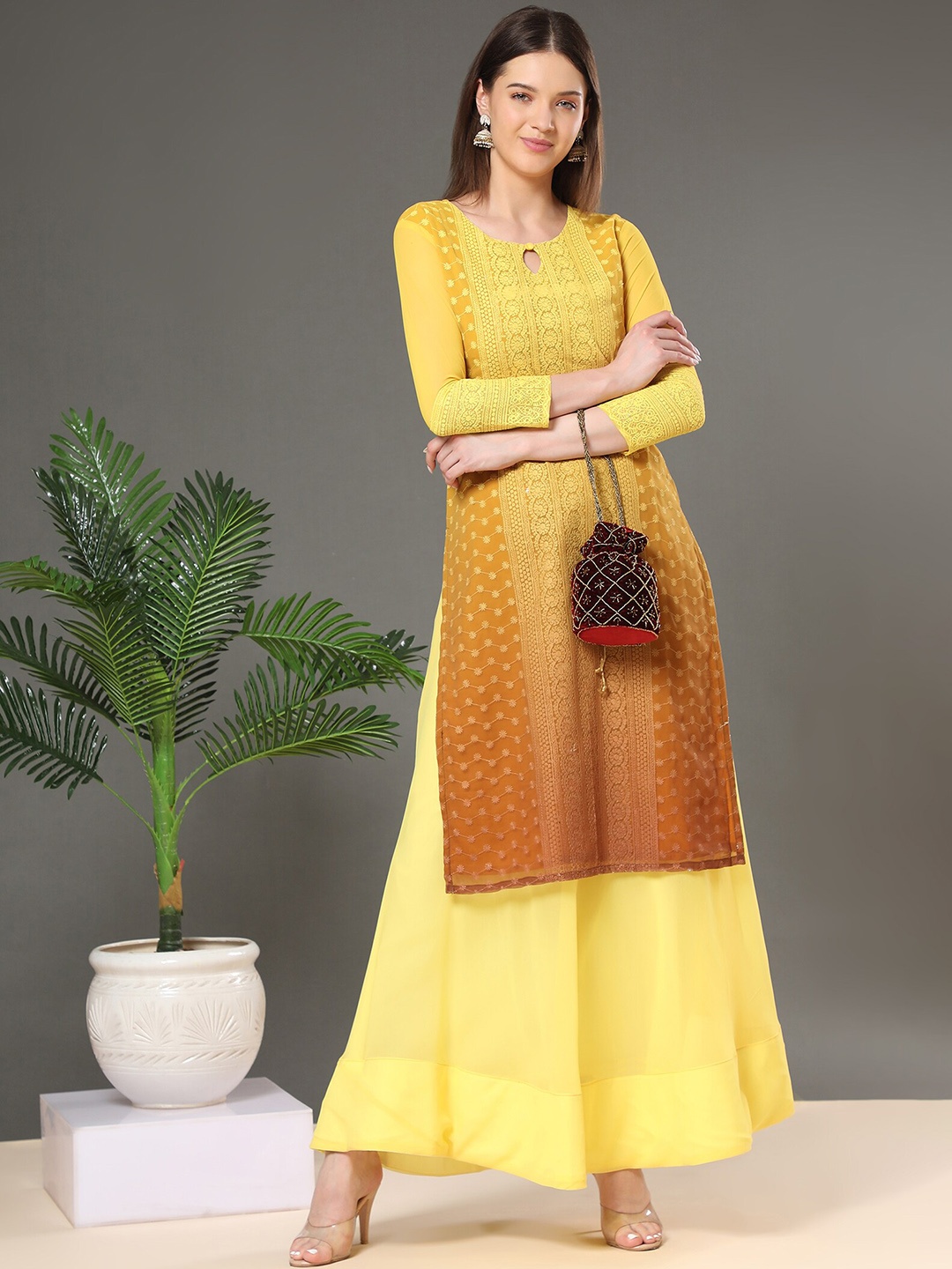 

BLACK SCISSOR Ethnic Motifs Embroidered Keyhole Neck Straight Kurta, Yellow