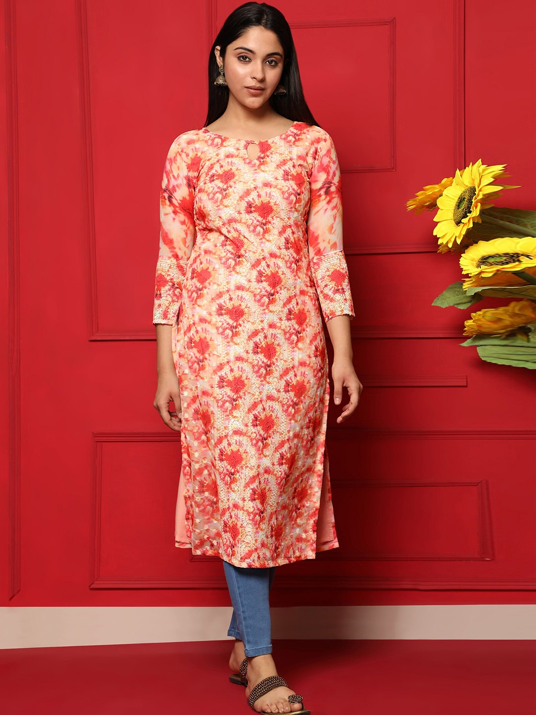 

BLACK SCISSOR Ethnic Motifs Embroidered Keyhole Neck Straight Kurta, Red