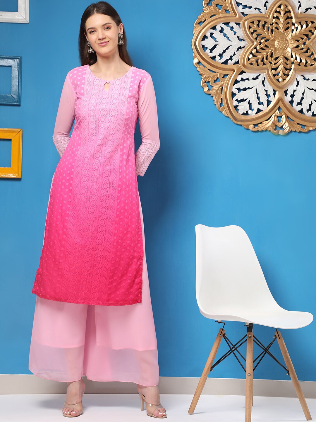 

BLACK SCISSOR Ethnic Motifs Embroidered Keyhole Neck Straight Kurta, Pink