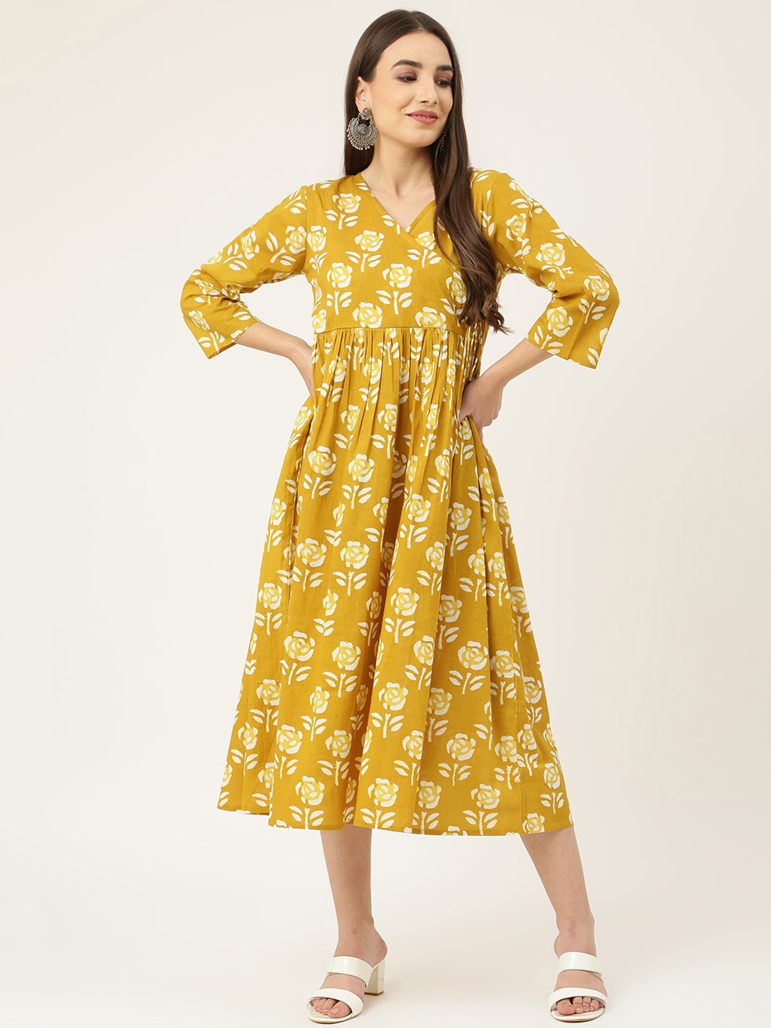 

KALINI Floral Print Fit & Flare Midi Dress, Mustard