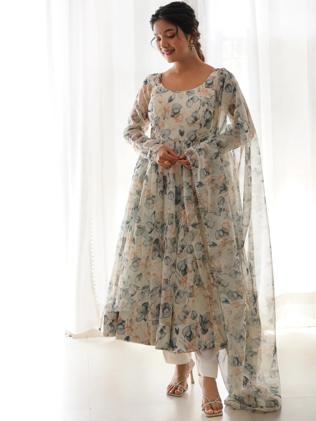 

Wedani Floral Printed Anarkali Kurta With Harem Pants & Dupatta, White