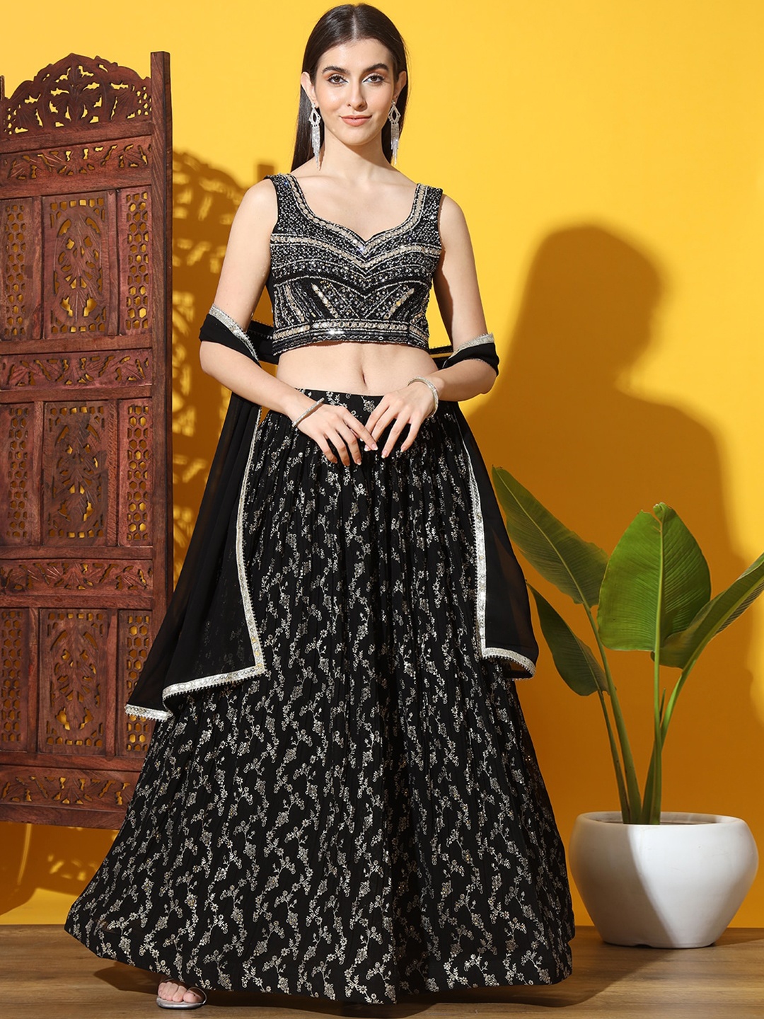 

Chhabra 555 Floral Printed And Embellished Lehenga Choli, Black