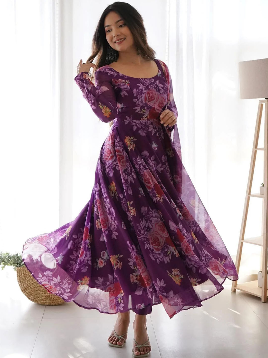 

Wedani Floral Printed Anarkali Kurta With Trousers & Dupatta, Purple