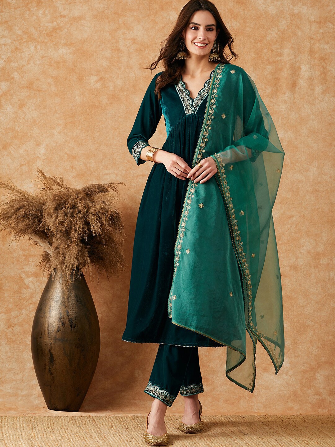 

Sangria Green Yoke Designed A-Line Kurta With Trouser & Dupatta Set, Teal