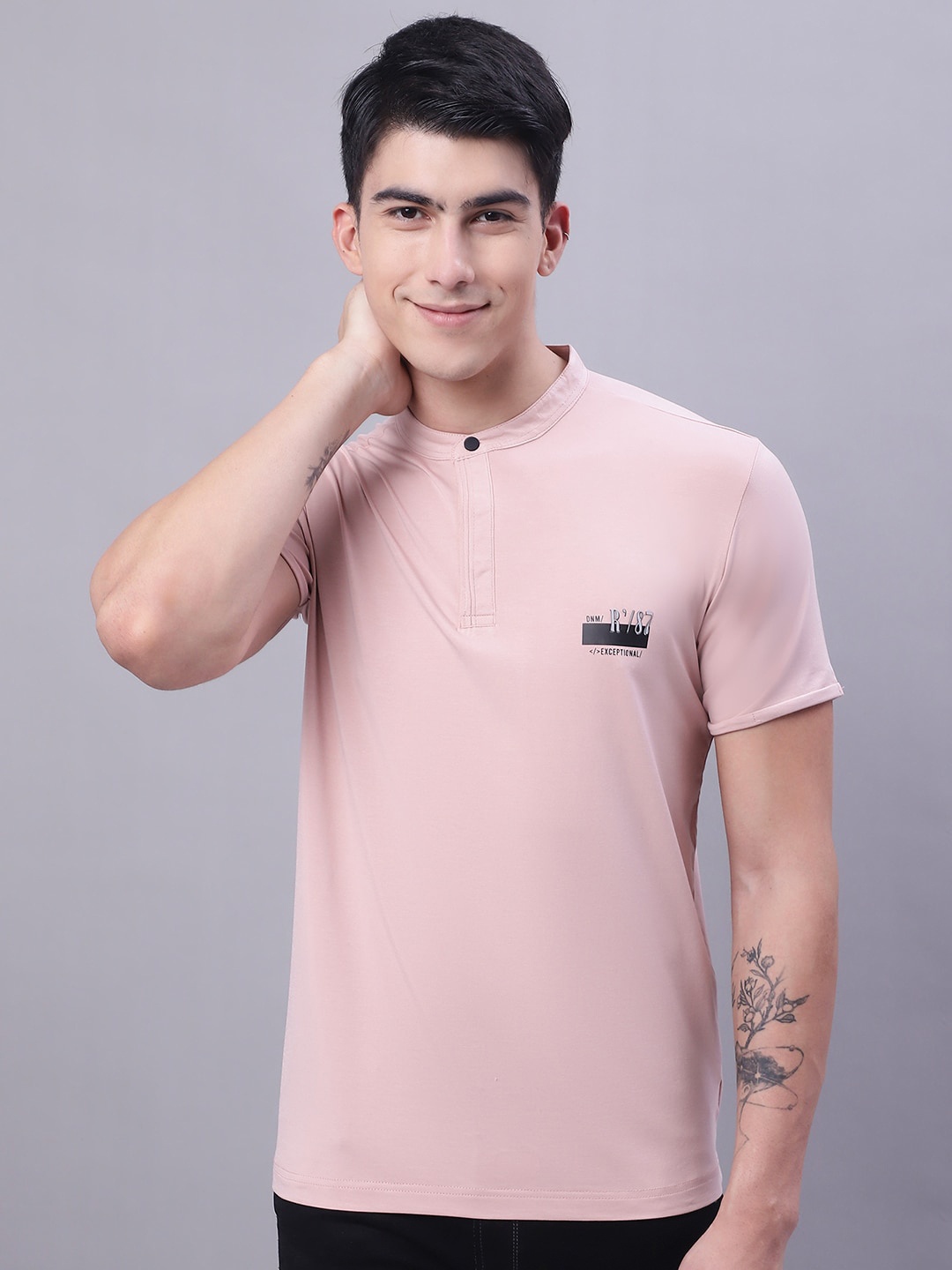 

VENITIAN Henley Neck Slim Fit Cotton T-shirt, Rose