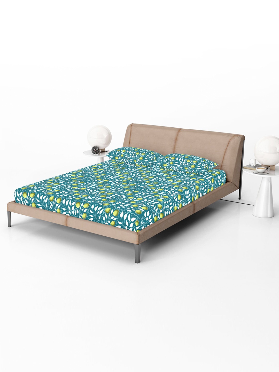 

Divine Casa Blue Floral Cotton 144 TC Fitted Queen Bedsheet with 2 Pillow Covers