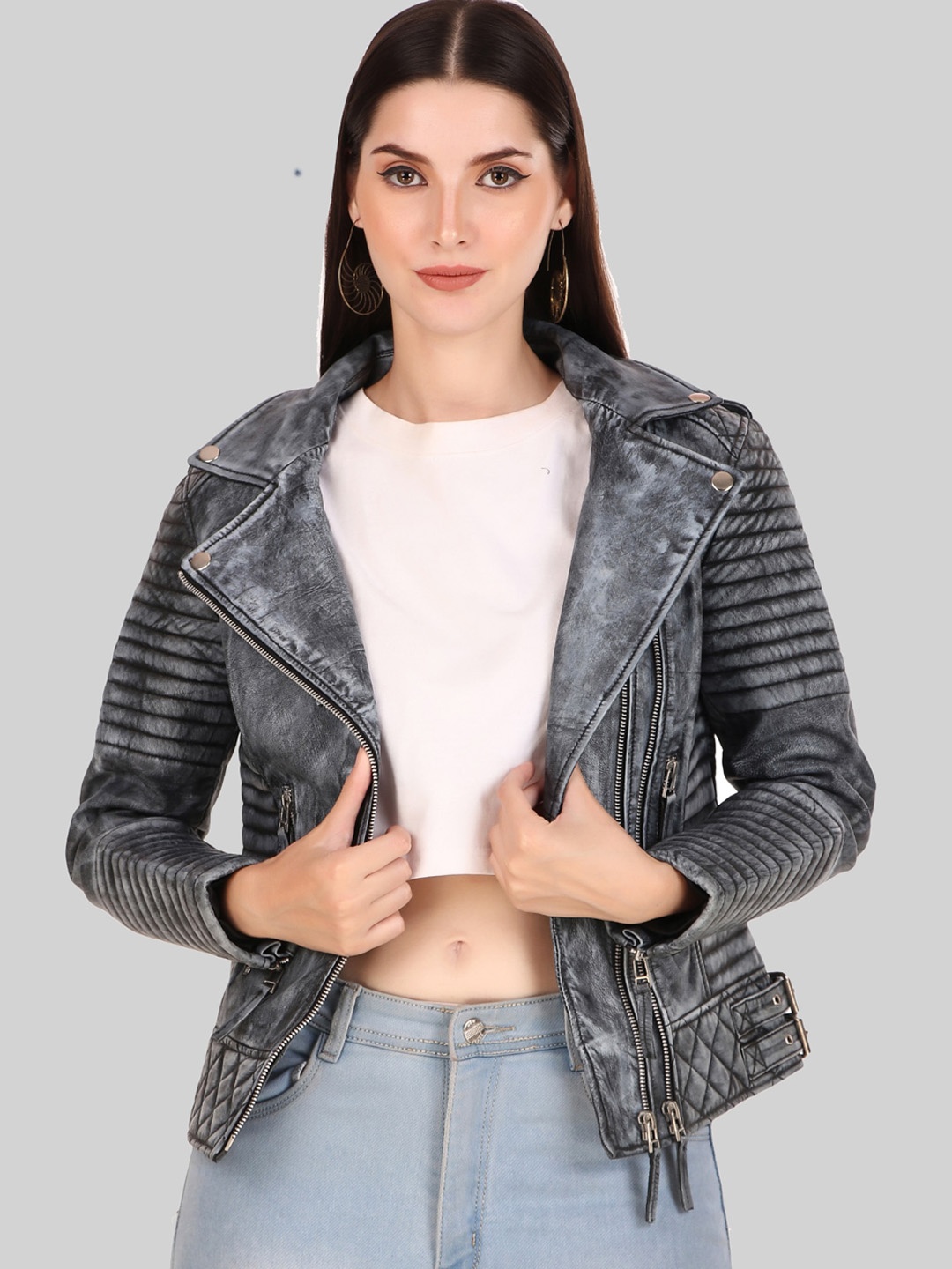 

Leather Retail Lightweight Lapel Collar Leather Biker Jacket, Silver