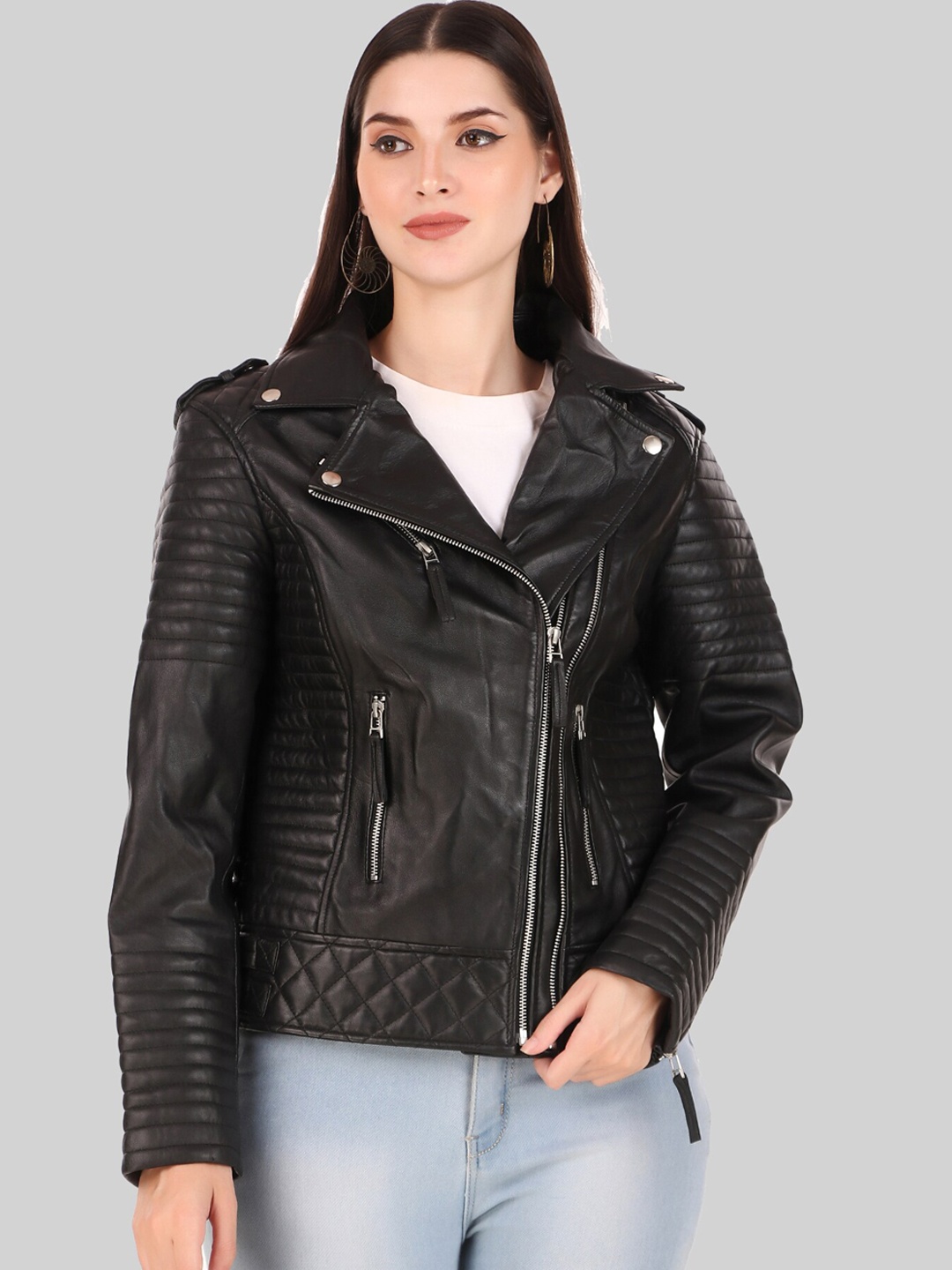 

Leather Retail Lapel Collar Lightweight Leather Biker Jacket, Black