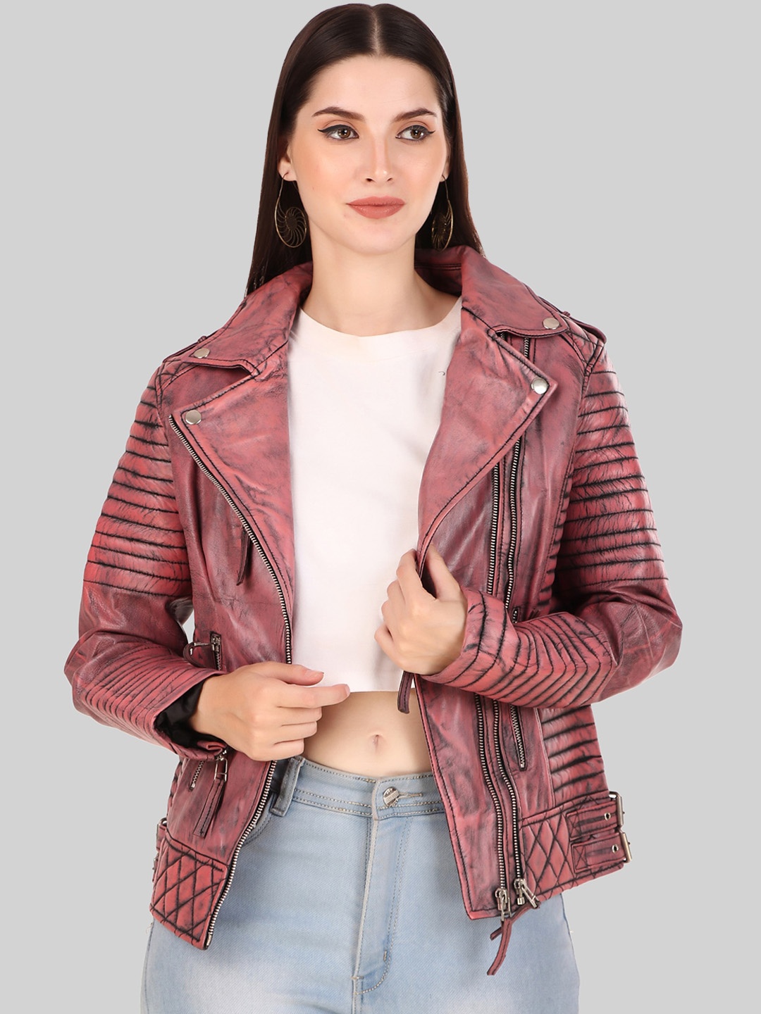 

Leather Retail Lightweight Lapel Collar Leather Biker Jacket, Pink
