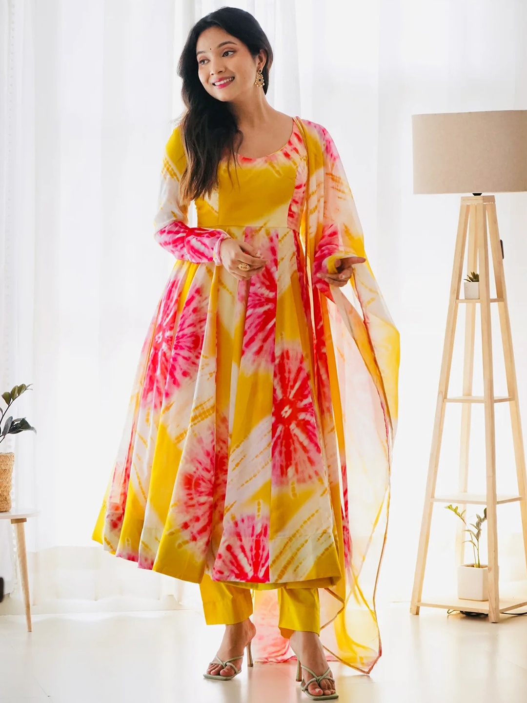 

Wedani Floral Printed Anarkali Kurta With Trousers & Dupatta, Yellow