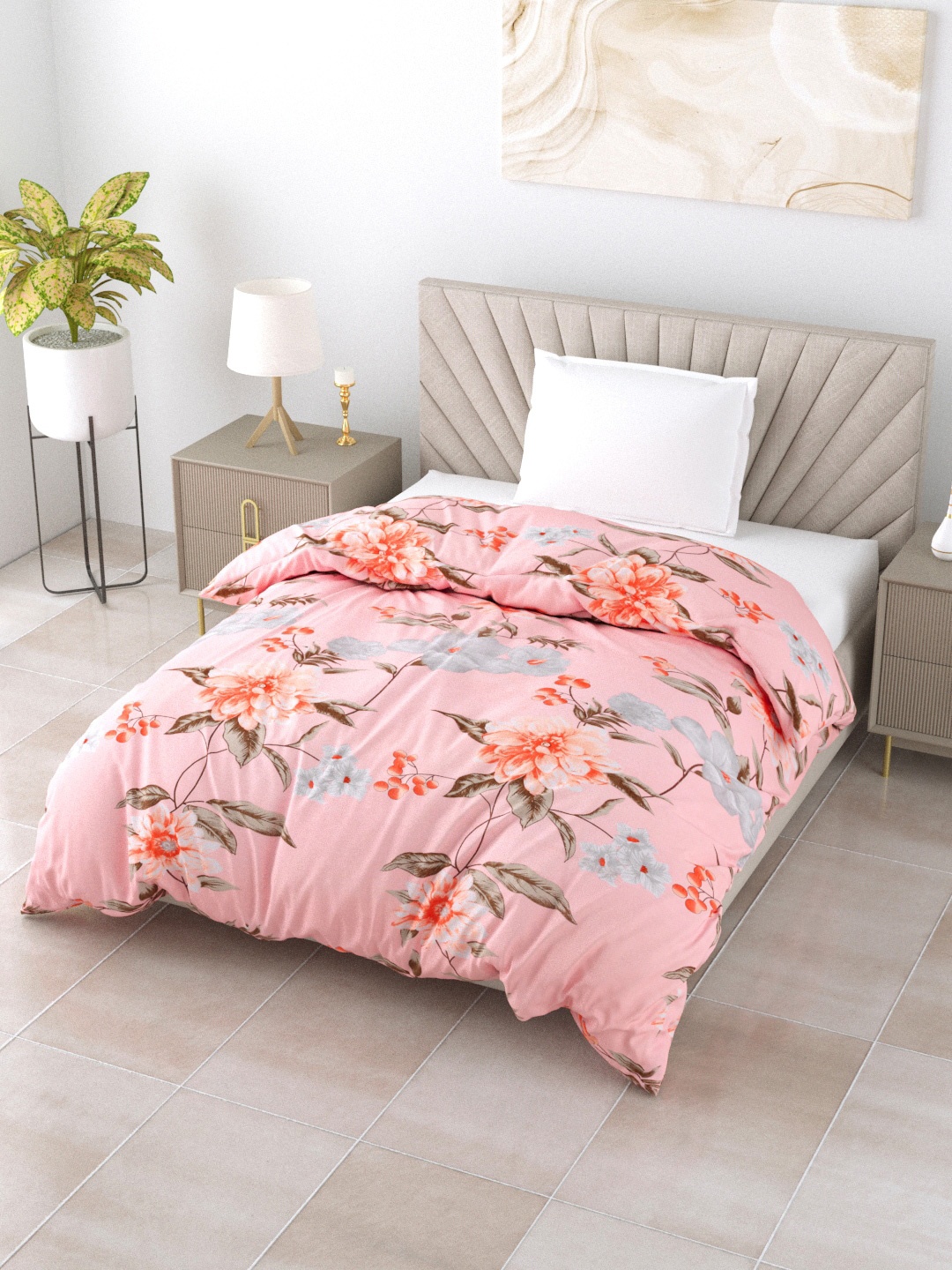 

Salona Bichona Peach-Coloured & Green Floral AC Room 150 GSM Single Bed Blanket