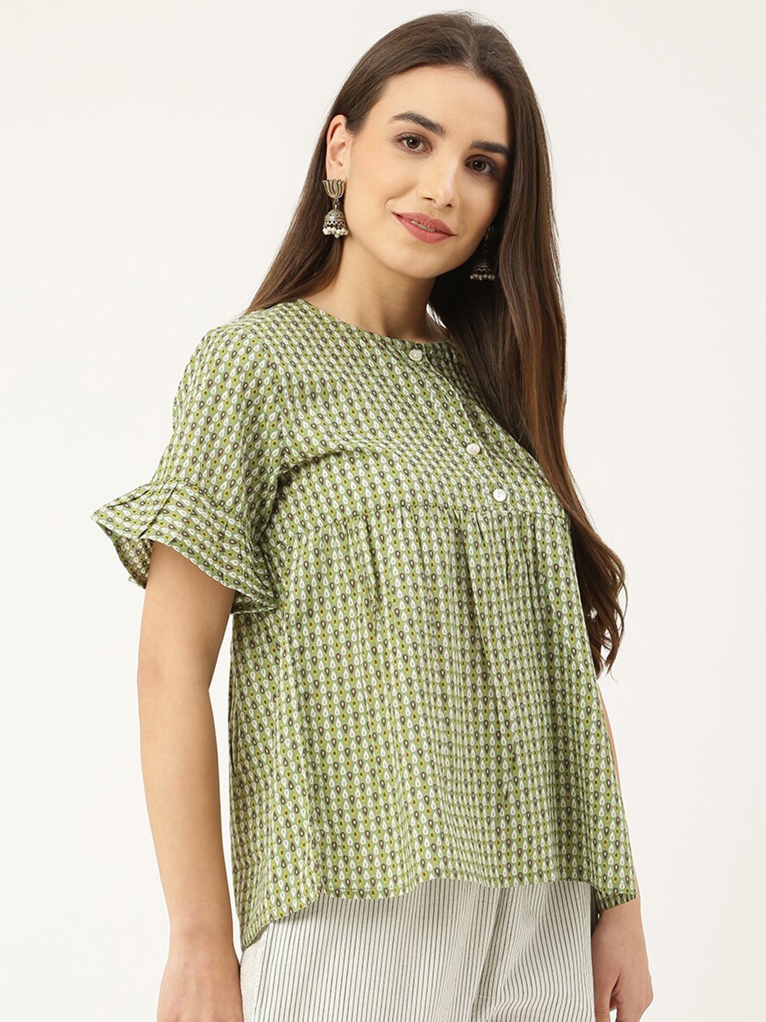 

KALINI Geometric Printed Bell Sleeve Cotton A-Line Top, Green