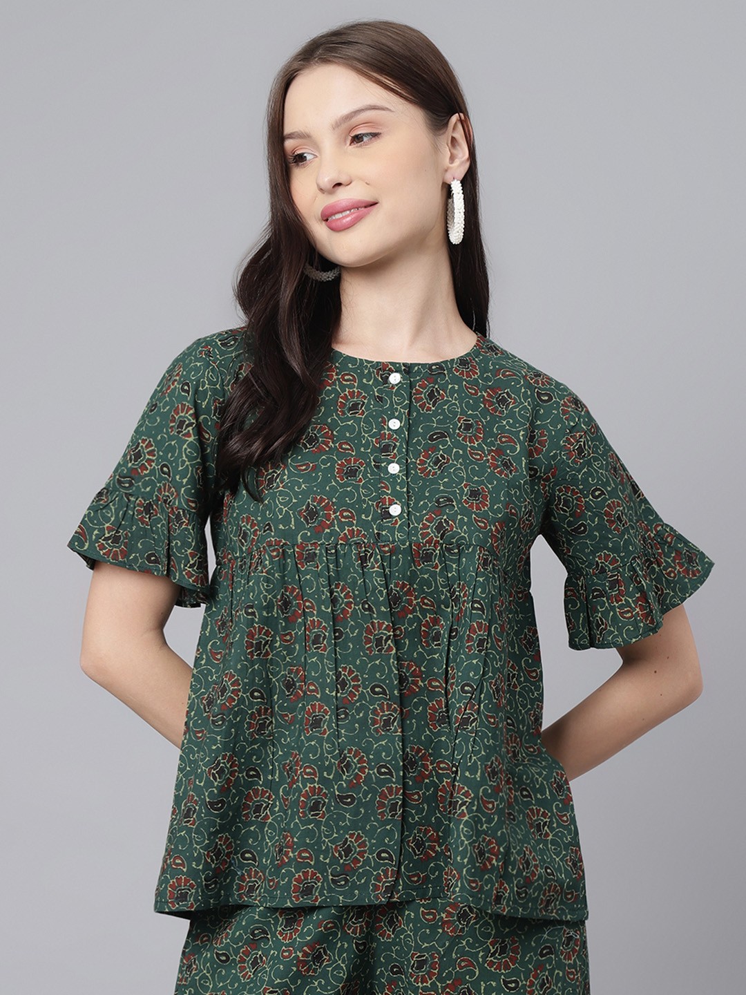 

KALINI Ethnic Motifs Printed Bell Sleeves Cotton Top, Green