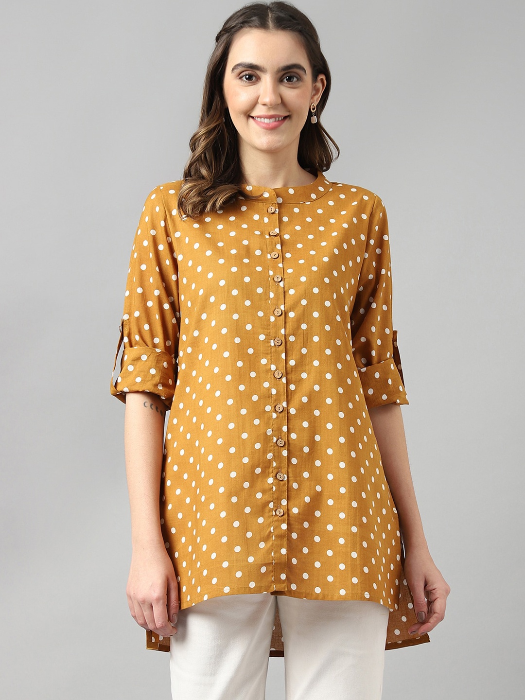 

KALINI Polka Dots Printed Roll-Up Sleeves Cotton High-Low Longline Top, Mustard