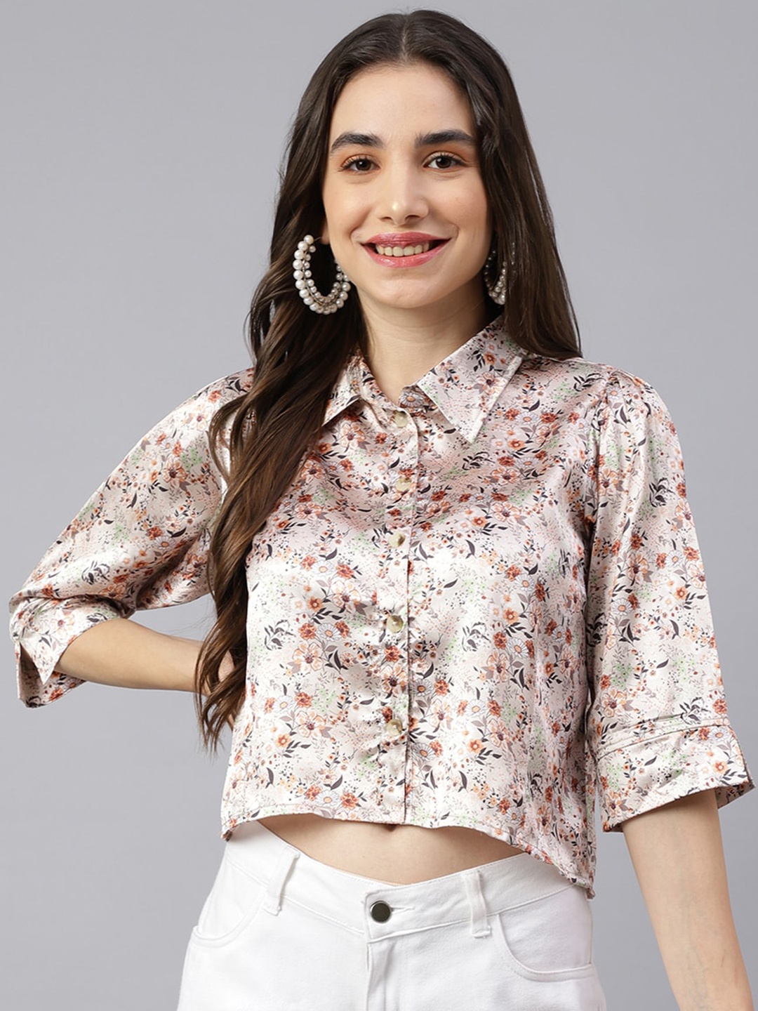 

KALINI Floral Printed Shirt Style Crop Top, Cream