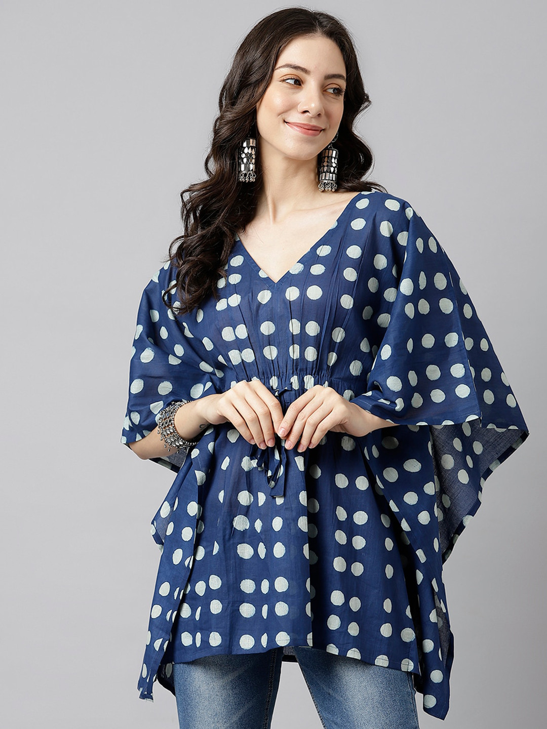 

KALINI Polka Dot Printed Cotton Kaftan Longline Top, Blue