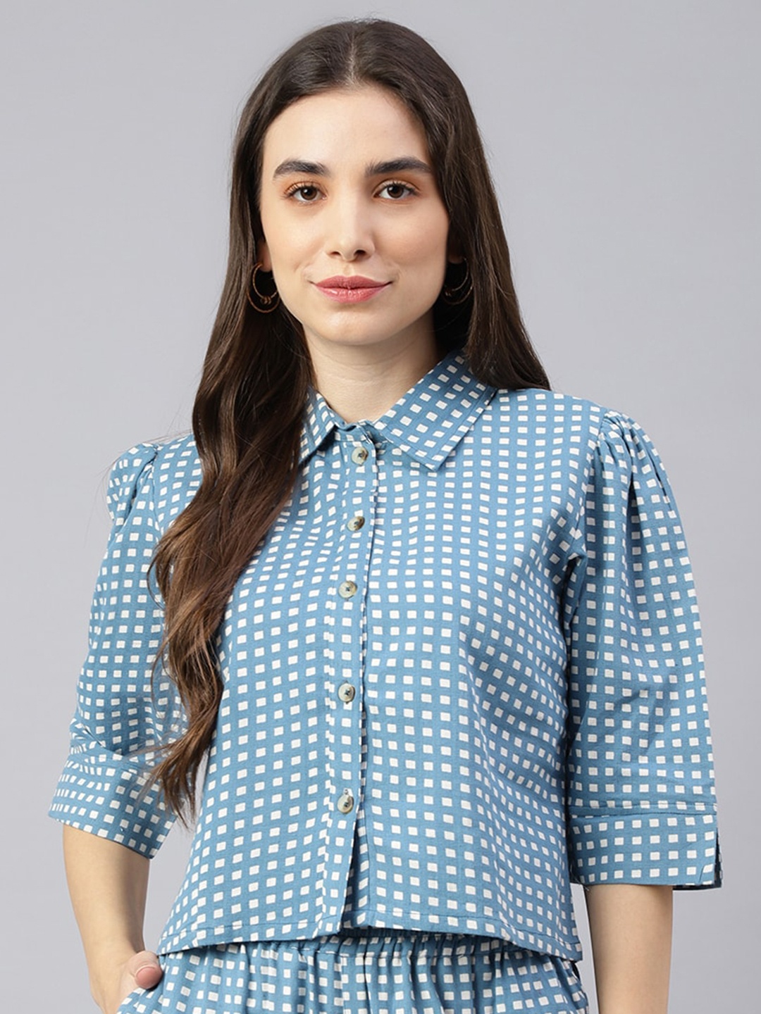 

KALINI Geometric Printed Puff Sleeves Shirt Style Top, Blue