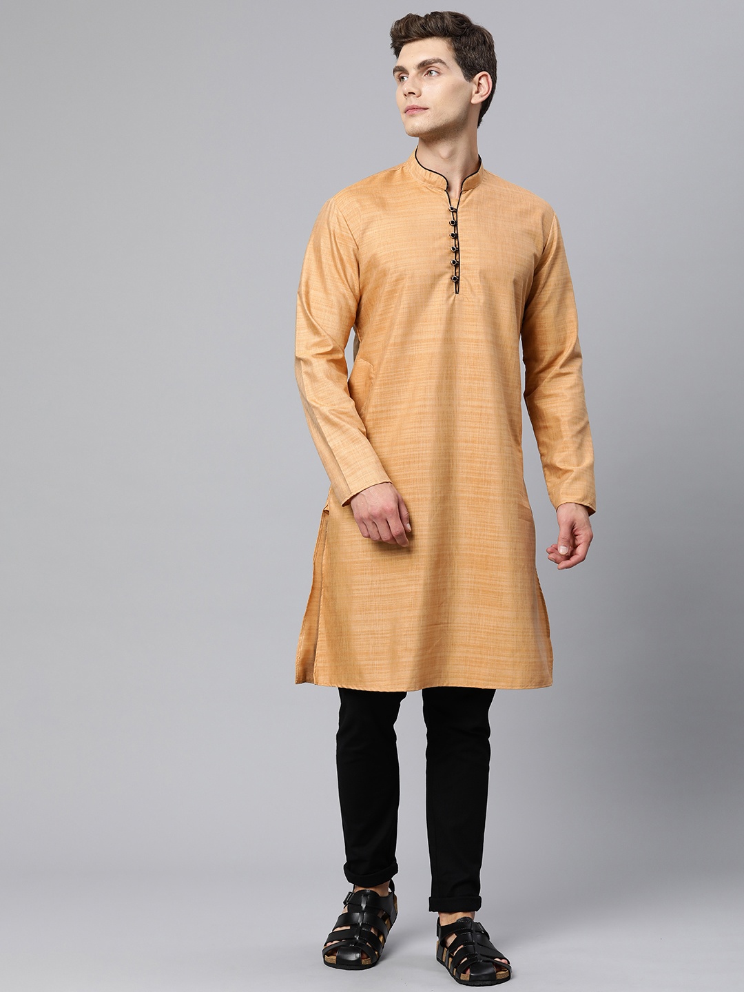 

Majestic Man Men Woven Design Mandarin Collar Kurta, Beige