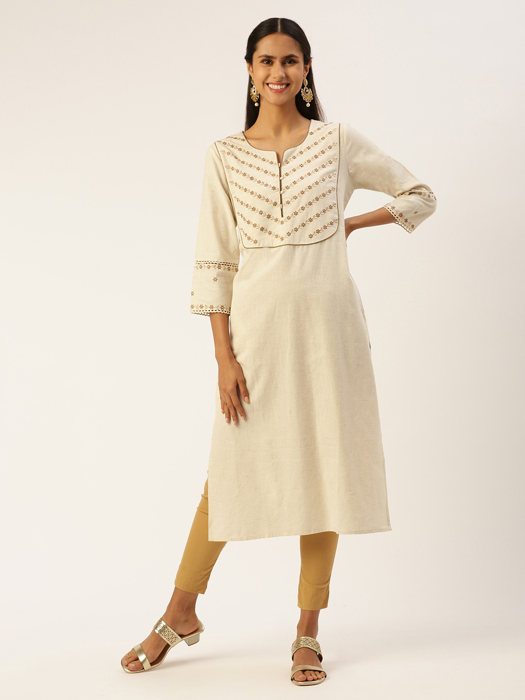 

AMUKTI Women Floral Embroidered Thread Work Kurta, Beige