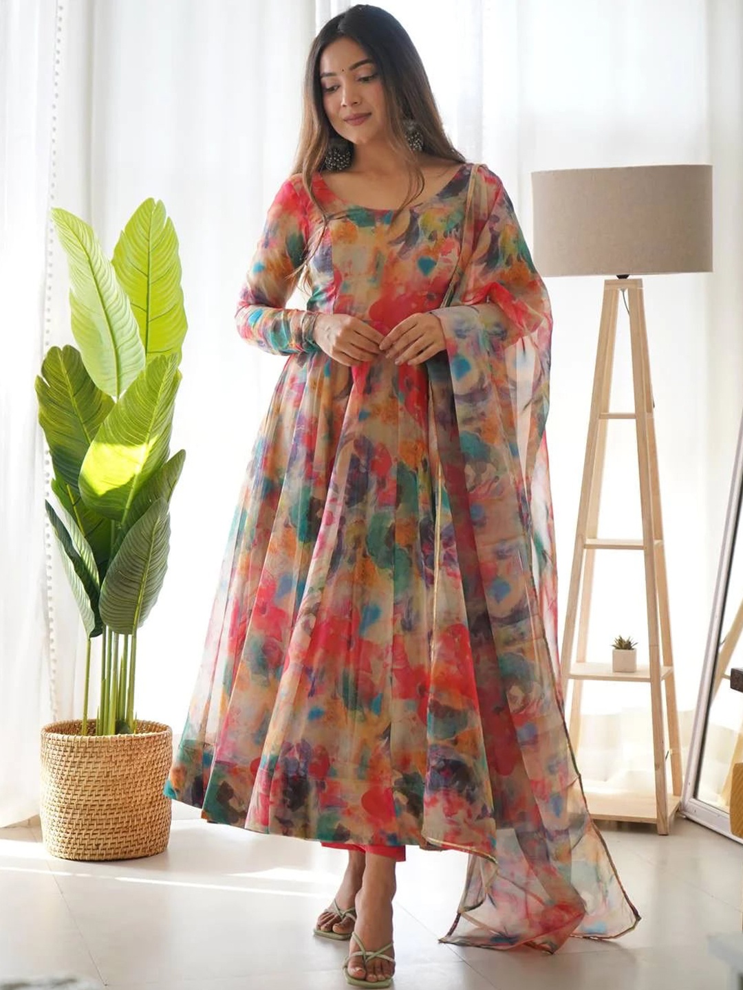 

Wedani Abstract Printed Round Neck Anarkali Kurta With Trousers & Dupatta, Red