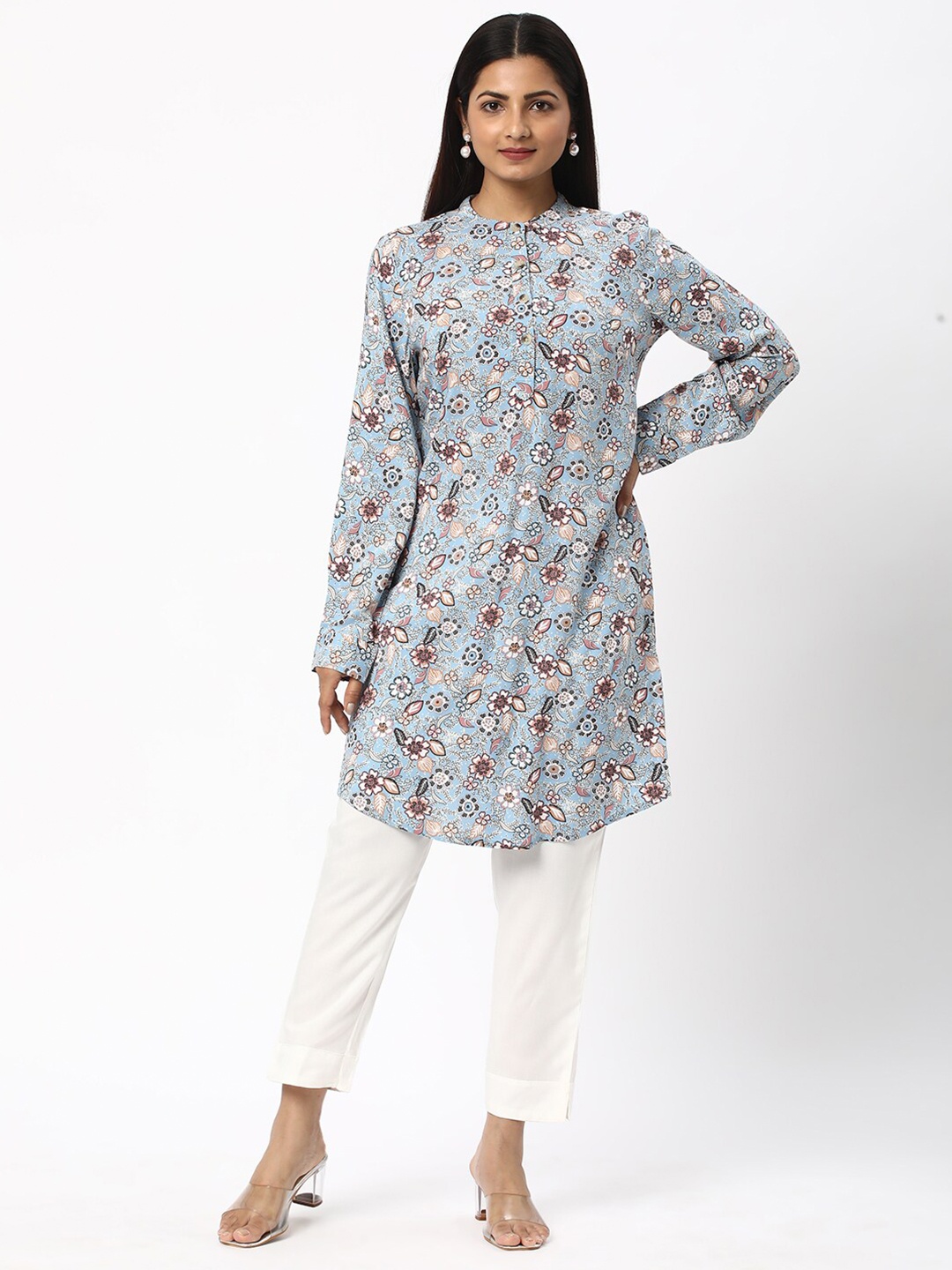 

R&B Floral Printed Band Collar Long Sleeve Kurta, Blue