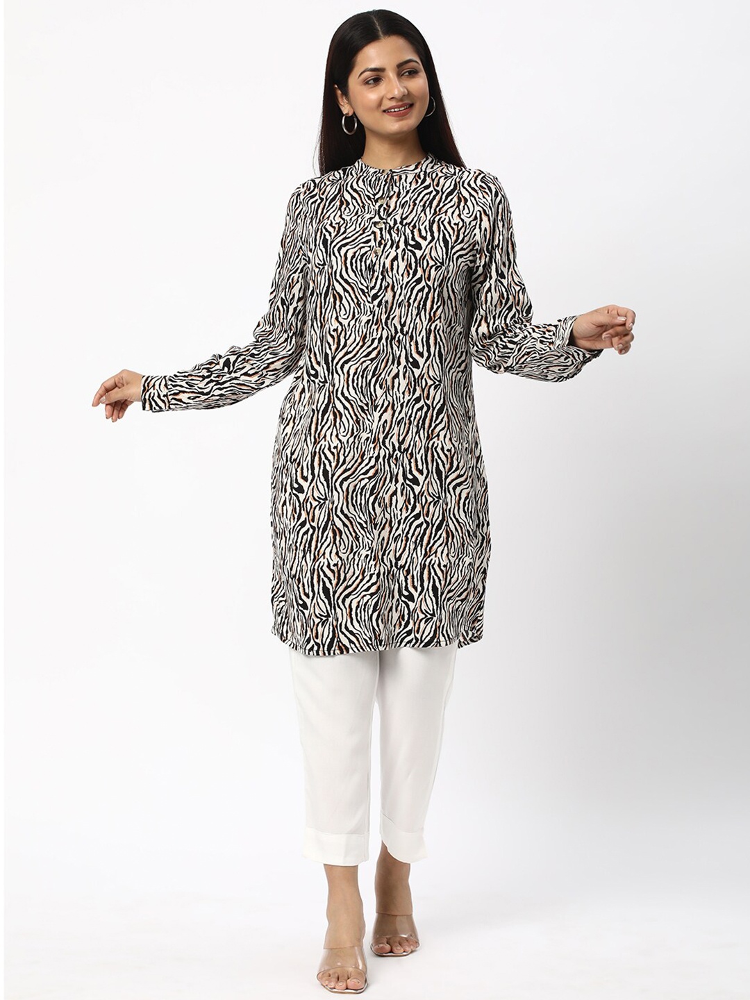 

R&B Abstract Printed Band Collar Long Sleeve Kurta, Black
