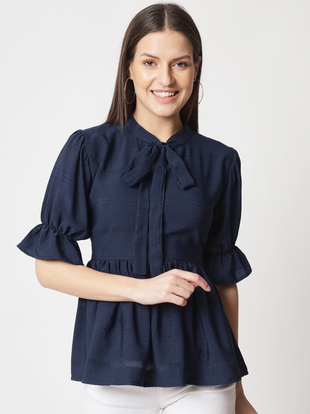 

ALMAARI FASHION Cotton Tie-Up Neck Bell Sleeve Top, Blue