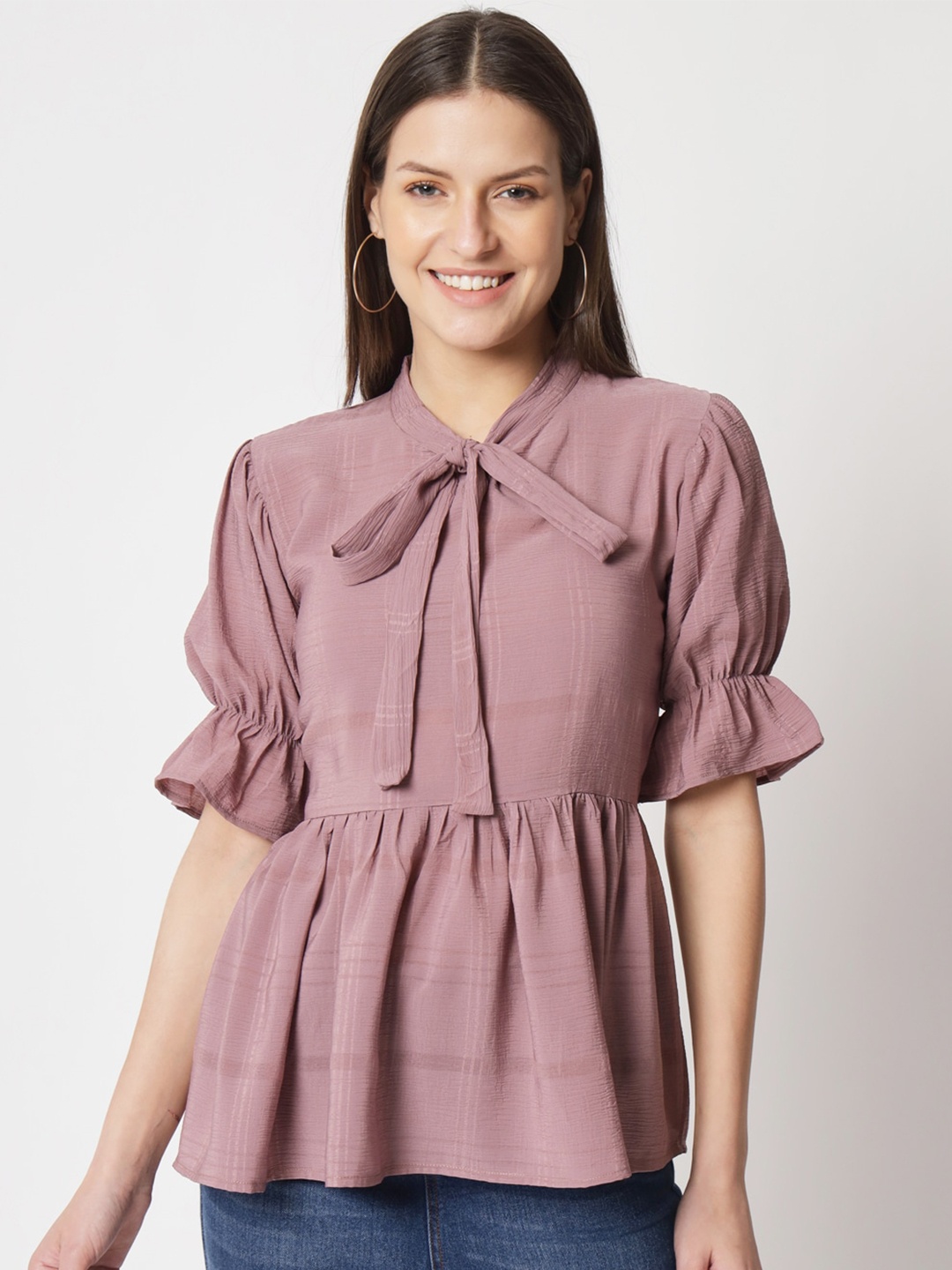 

ALMAARI FASHION Tie Up Neck Cinched Waist Top, Mauve