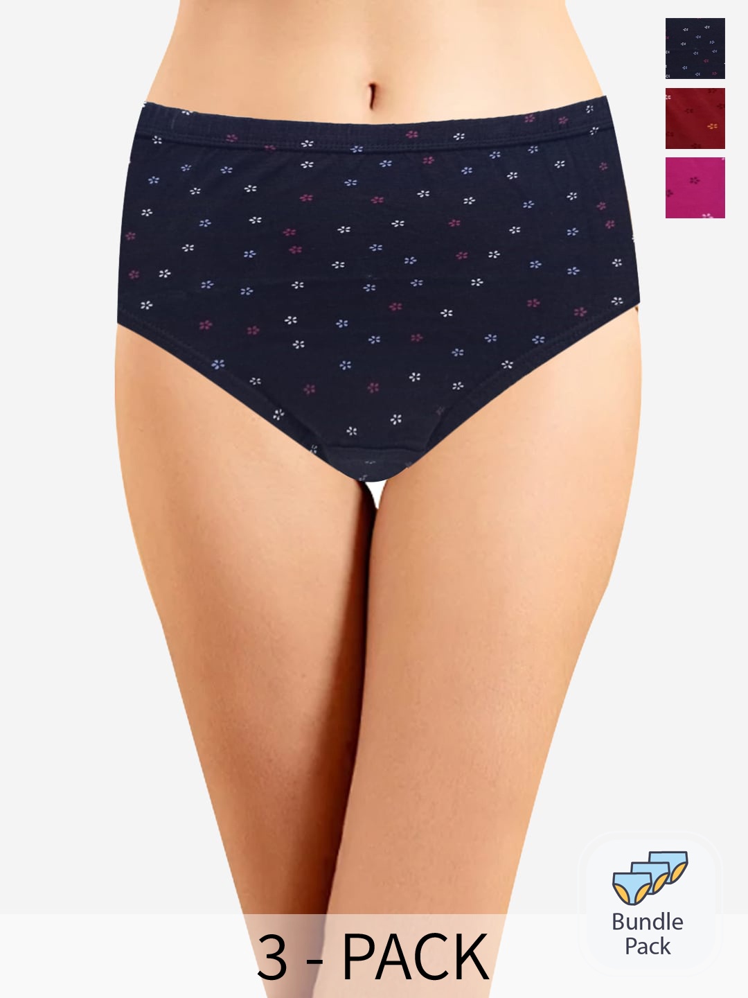 

In Care Pack Of 3 Floral Printed Cotton Hipster Briefs, Navy blue