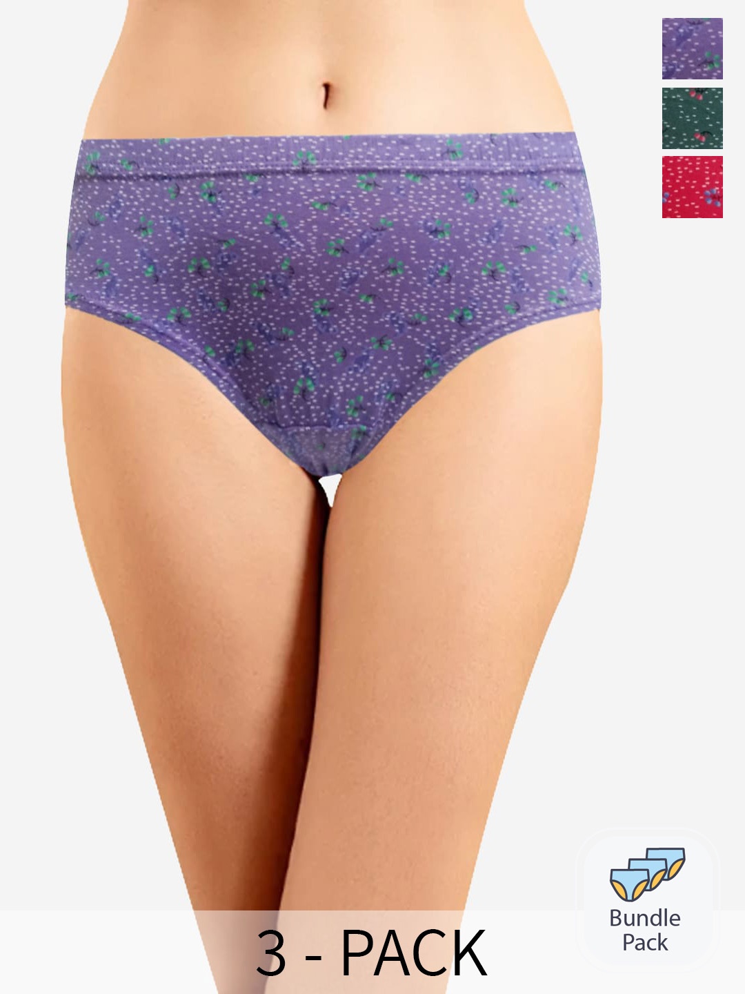 

In Care Pack Of 3 Floral Printed Anti Bacterial Cotton Hipster Briefs, Green