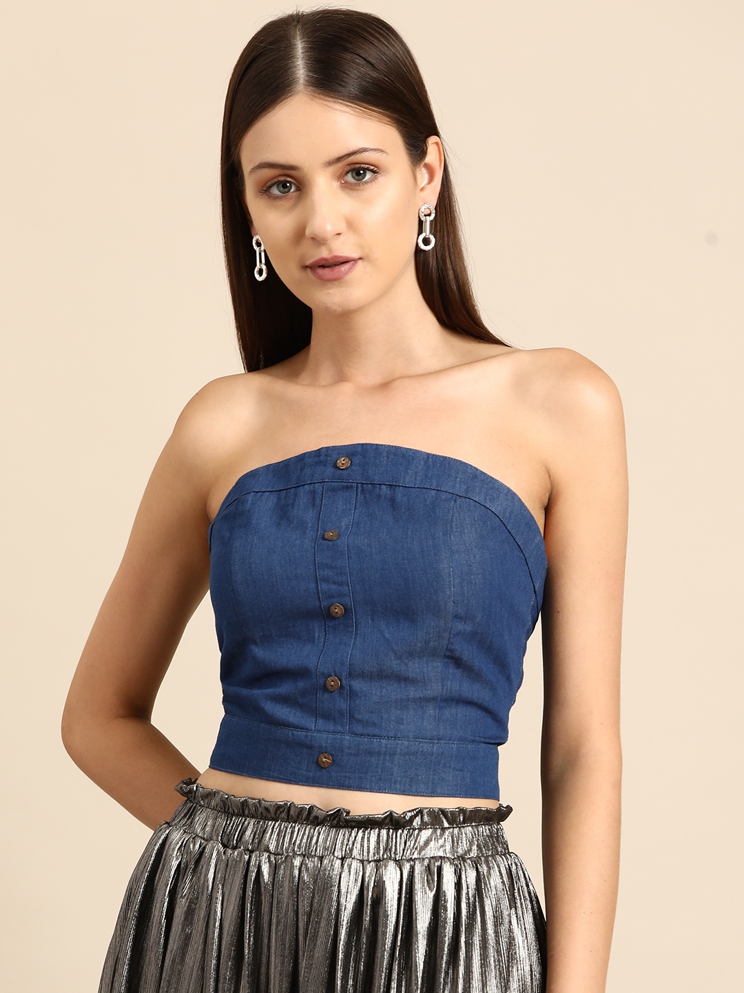 

DODO & MOA Off-Shoulder Denim Tube Crop Top, Blue